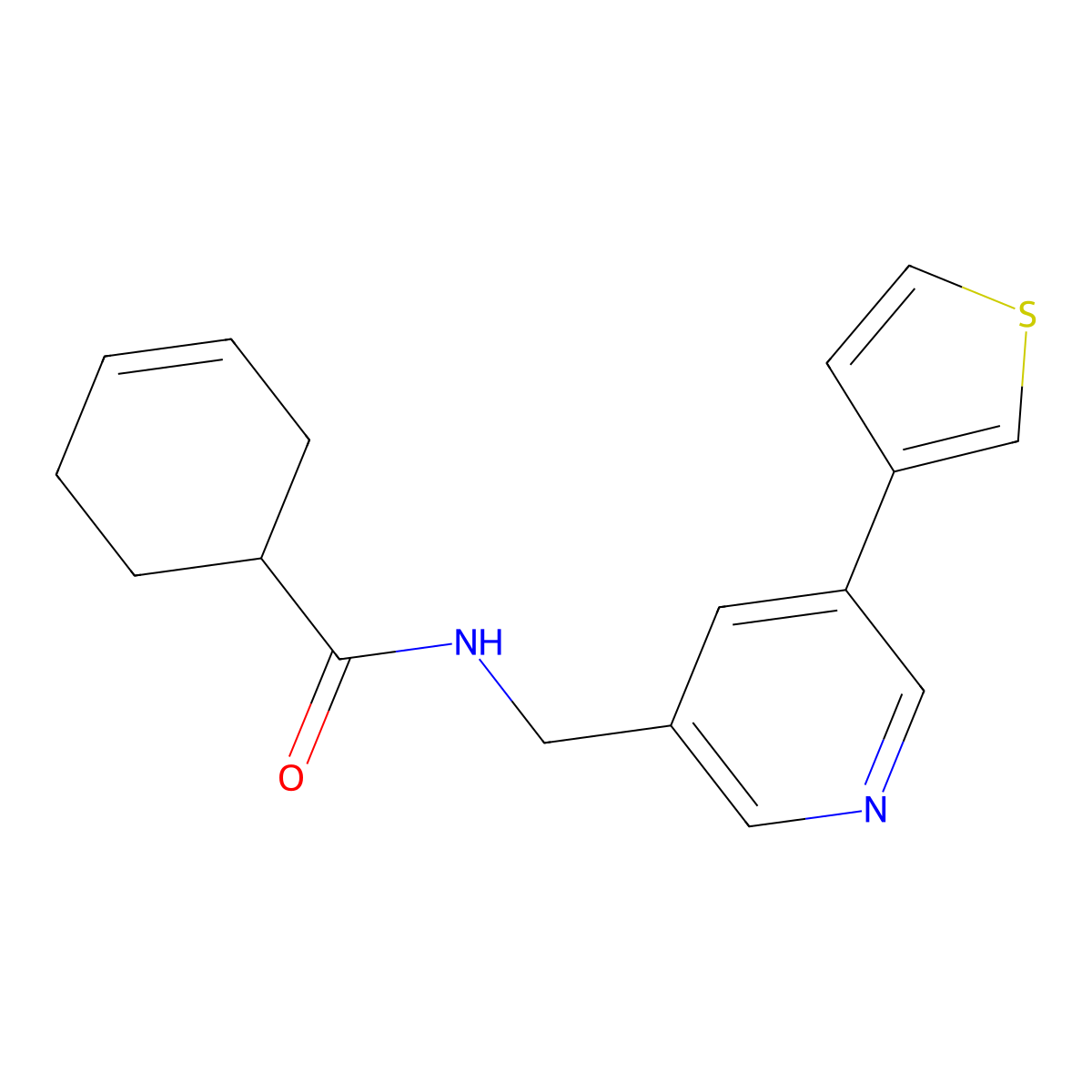 N-((5-(thiophen-3-yl)pyridin-3-yl)methyl)cyclohex-3-enecarboxamide molecular structure, CAS 1795361-87-3