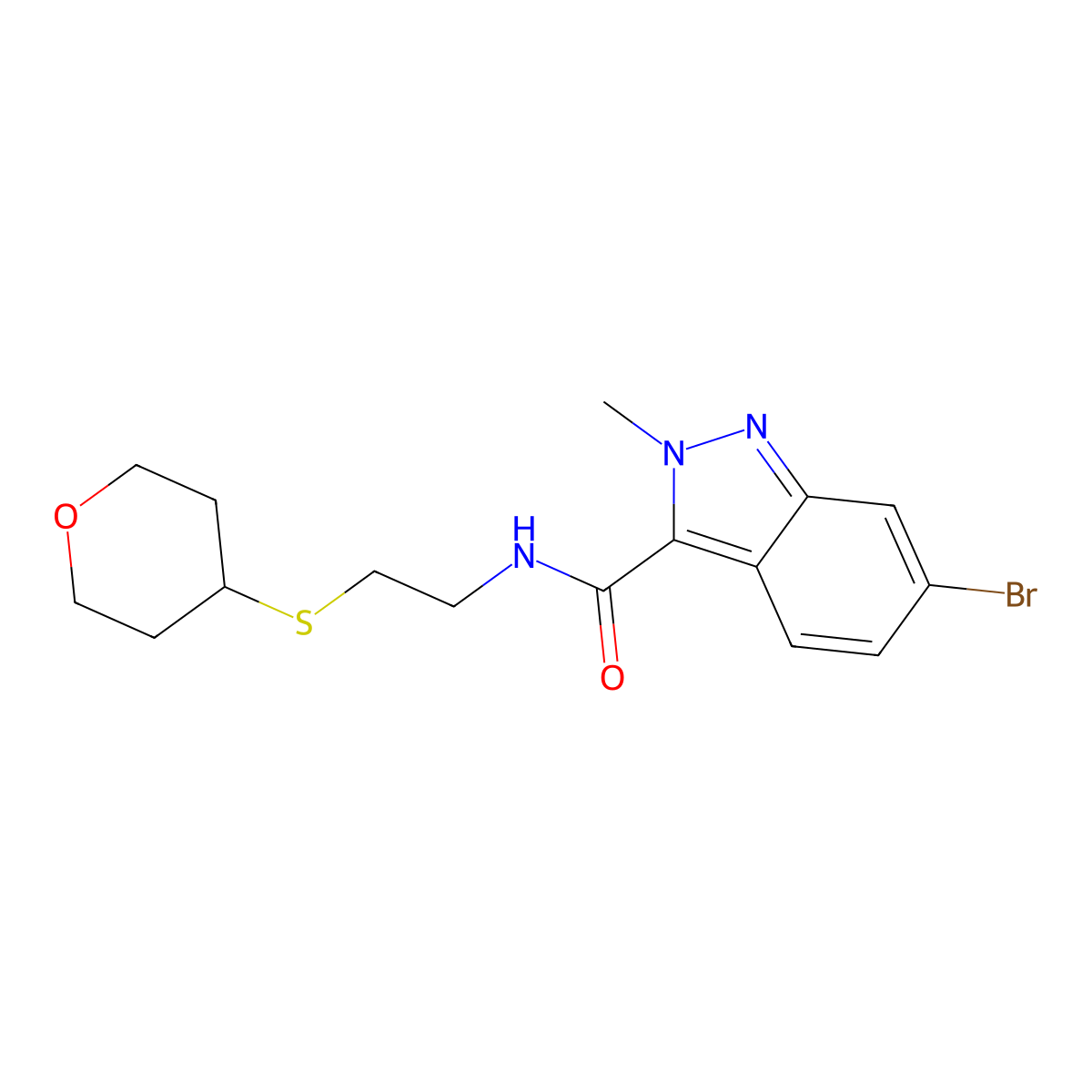6-bromo-2-methyl-N-(2-((tetrahydro-2H-pyran-4-yl)thio)ethyl)-2H-indazole-3-carboxamide molecular structure, CAS 1795362-40-1