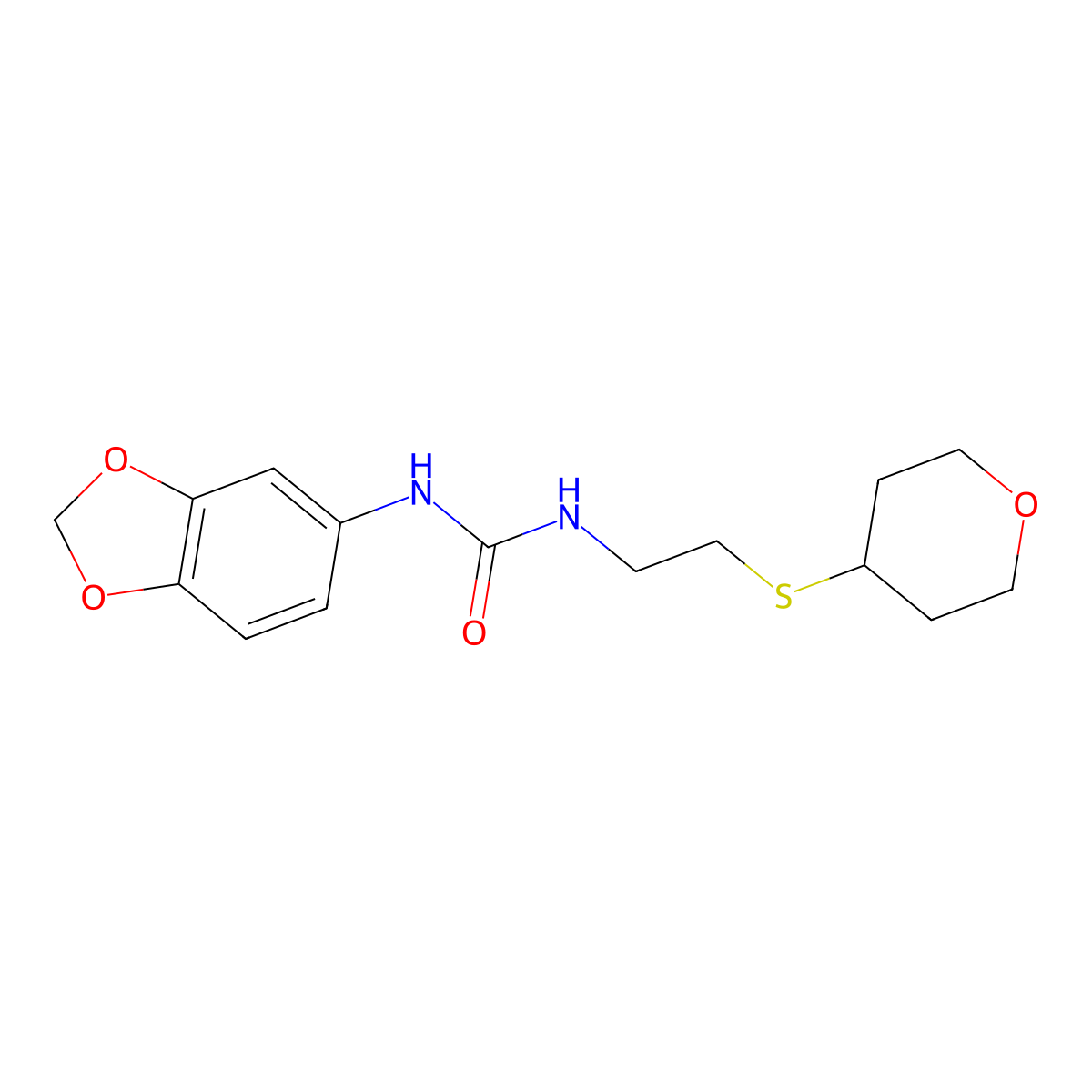 1-(benzo[d][1,3]dioxol-5-yl)-3-(2-((tetrahydro-2H-pyran-4-yl)thio)ethyl)urea molecular structure, CAS 1795362-46-7