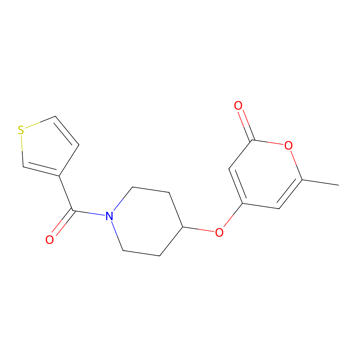 6-methyl-4-{[1-(thiophene-3-carbonyl)piperidin-4-yl]oxy}-2H-pyran-2-one molecular structure, CAS 1795364-07-6