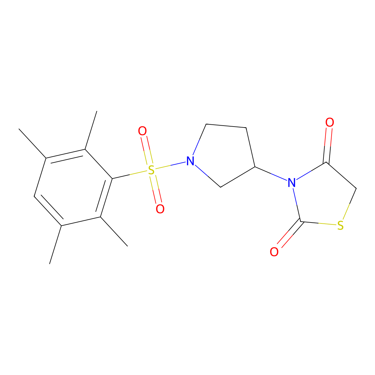 3-(1-((2,3,5,6-Tetramethylphenyl)sulfonyl)pyrrolidin-3-yl)thiazolidine-2,4-dione molecular structure, CAS 1795364-35-0