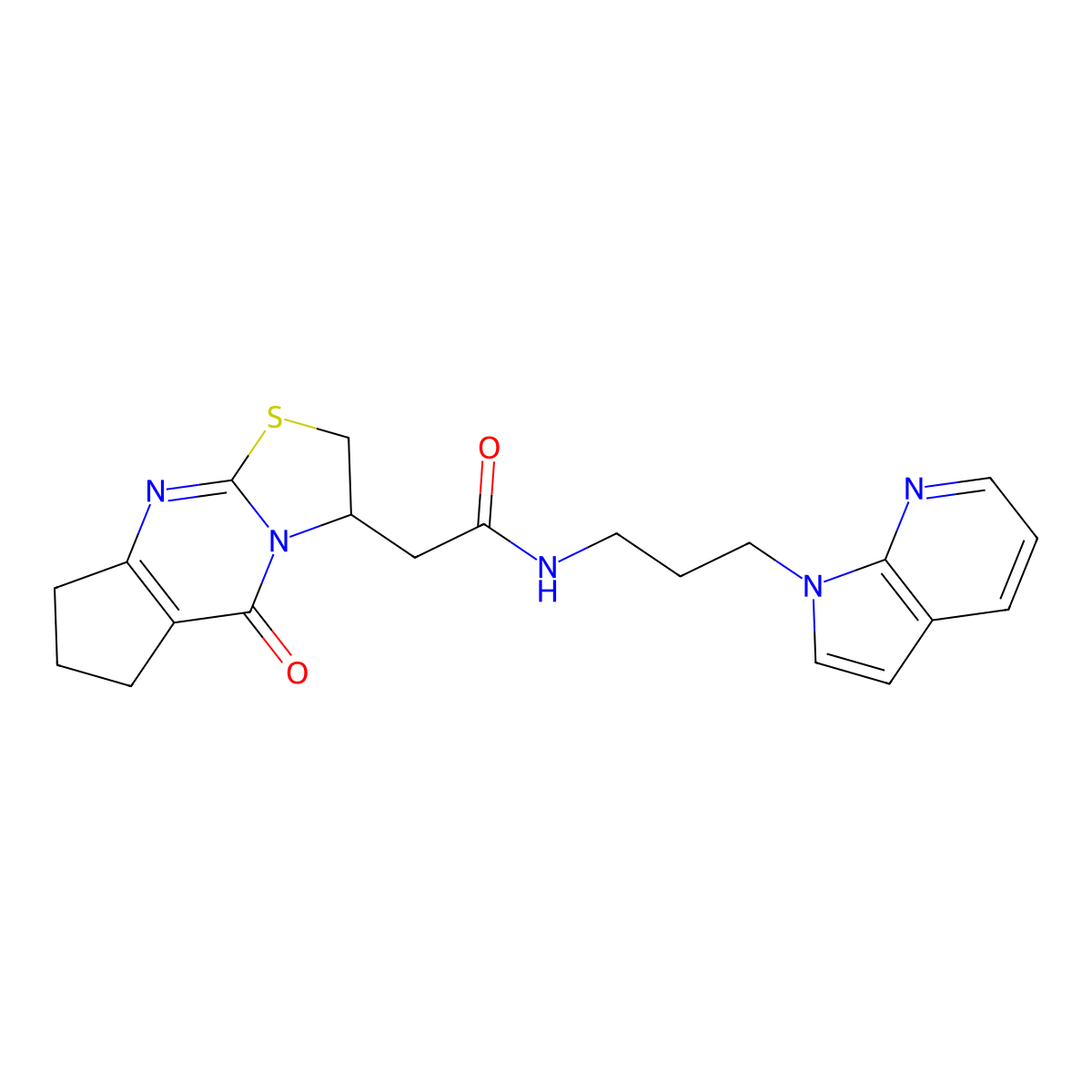 N-(3-(1H-pyrrolo[2,3-b]pyridin-1-yl)propyl)-2-(5-oxo-2,3,5,6,7,8-hexahydrocyclopenta[d]thiazolo[3,2-a]pyrimidin-3-yl)acetamide molecular structure, CAS 1795410-25-1