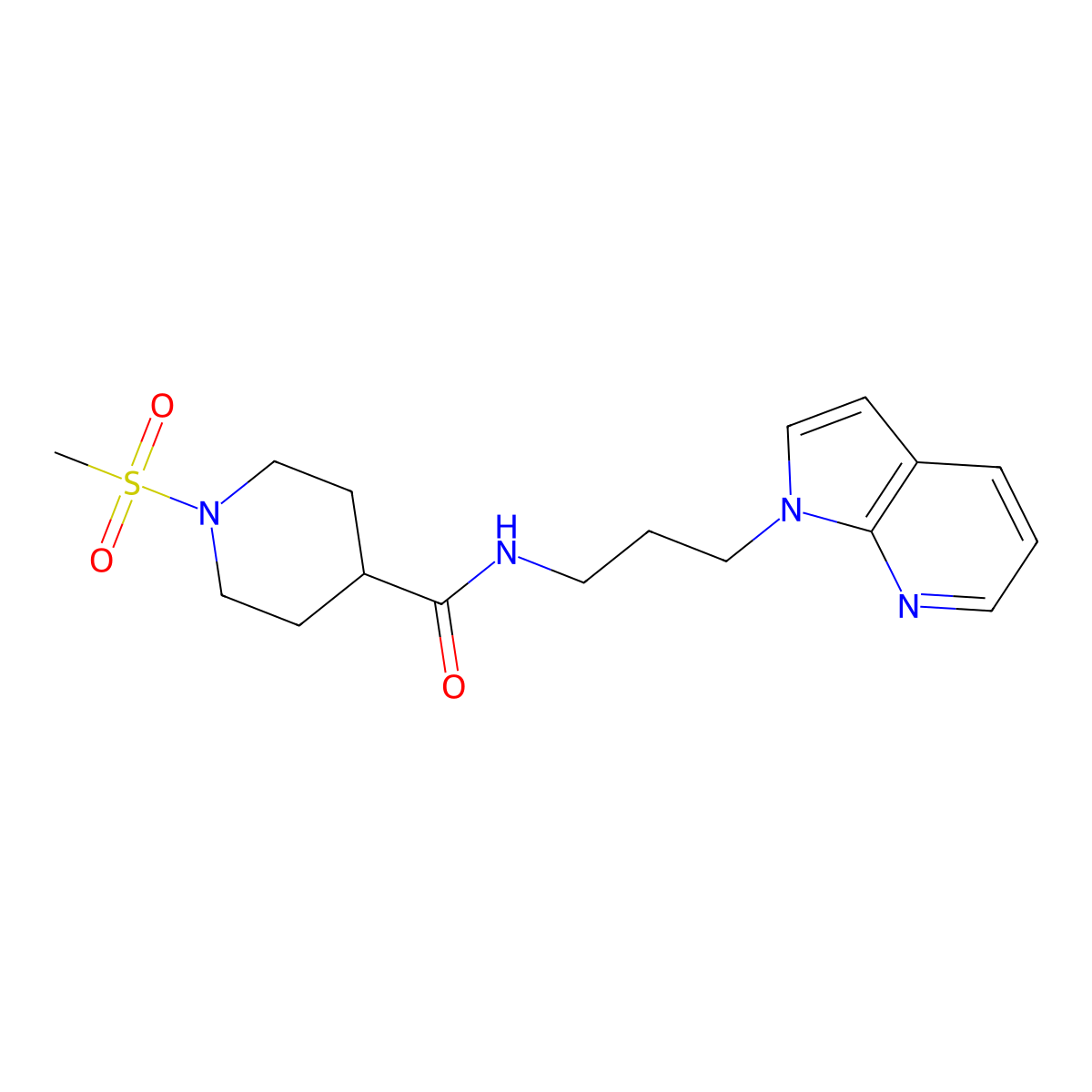 N-(3-(1H-pyrrolo[2,3-b]pyridin-1-yl)propyl)-1-(methylsulfonyl)piperidine-4-carboxamide molecular structure, CAS 1795410-35-3