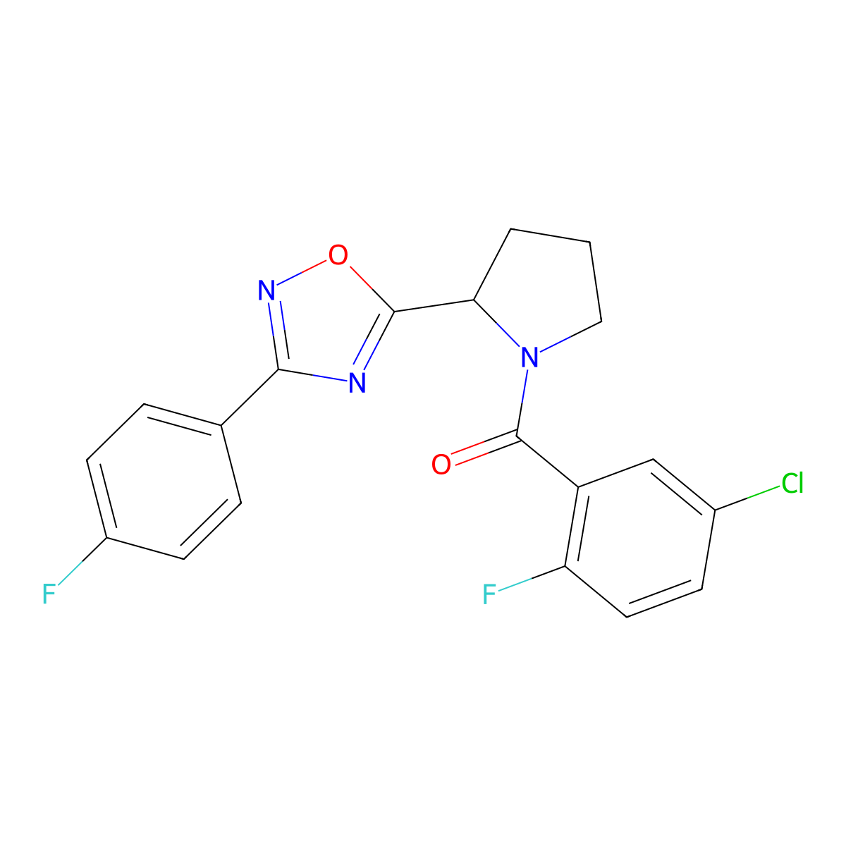 5-[1-(5-Chloro-2-fluorobenzoyl)pyrrolidin-2-yl]-3-(4-fluorophenyl)-1,2,4-oxadiazole molecular structure, CAS 1795411-07-2