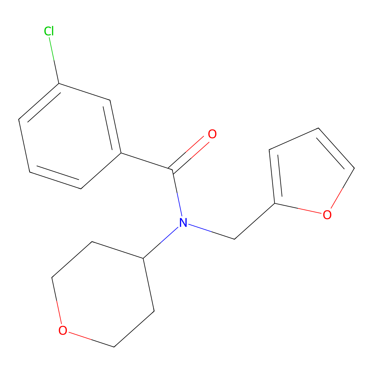 3-chloro-N-(furan-2-ylmethyl)-N-(tetrahydro-2H-pyran-4-yl)benzamide molecular structure, CAS 1795411-08-3