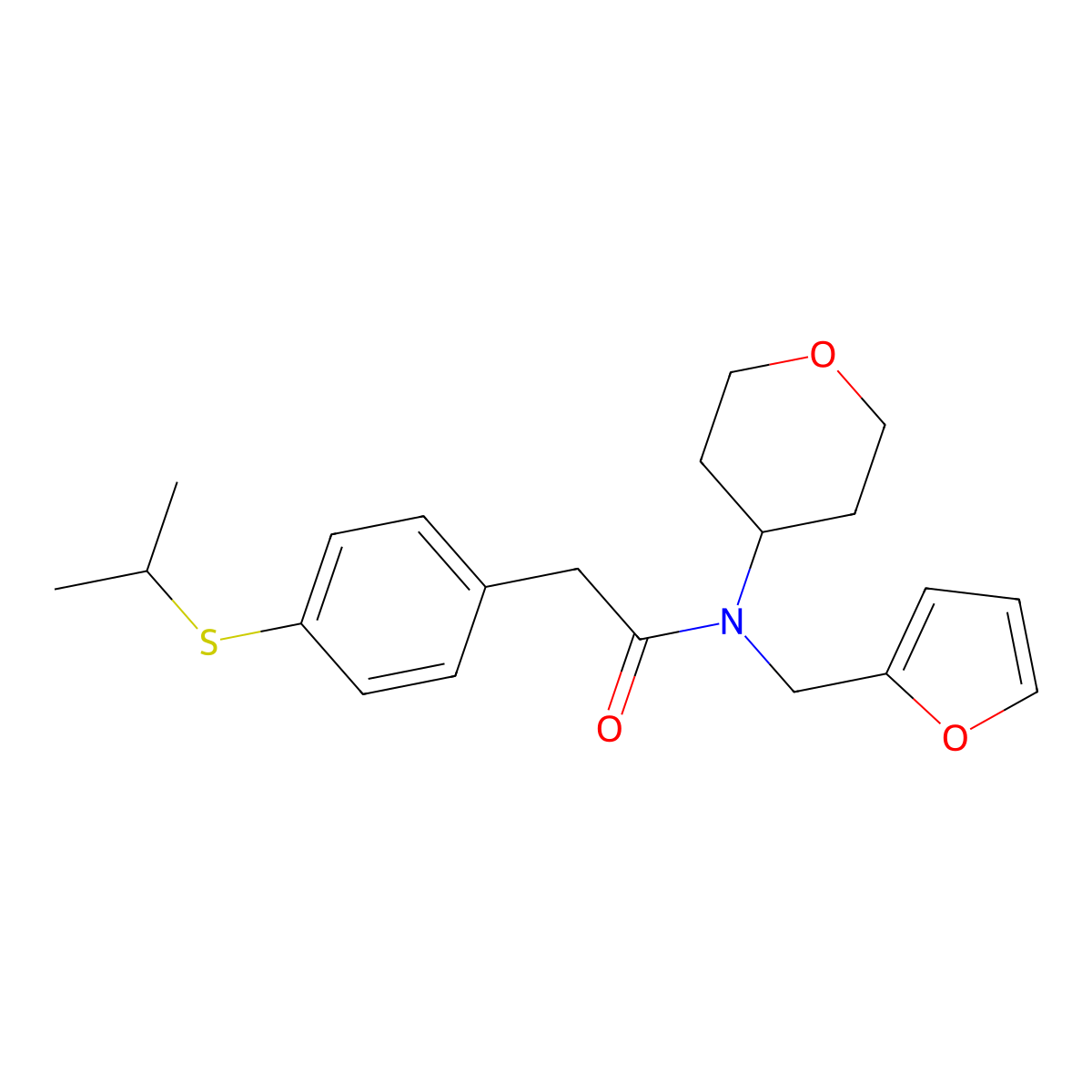 N-(furan-2-ylmethyl)-2-(4-(isopropylthio)phenyl)-N-(tetrahydro-2H-pyran-4-yl)acetamide molecular structure, CAS 1795411-13-0