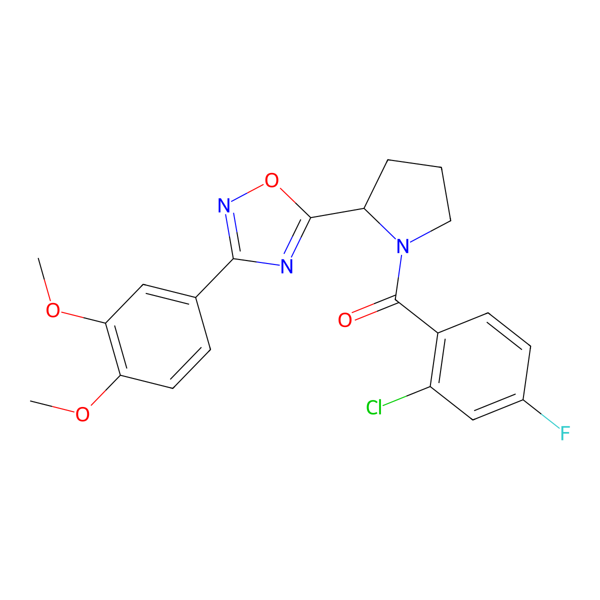 5-[1-(2-Chloro-4-fluorobenzoyl)pyrrolidin-2-yl]-3-(3,4-dimethoxyphenyl)-1,2,4-oxadiazole molecular structure, CAS 1795411-54-9