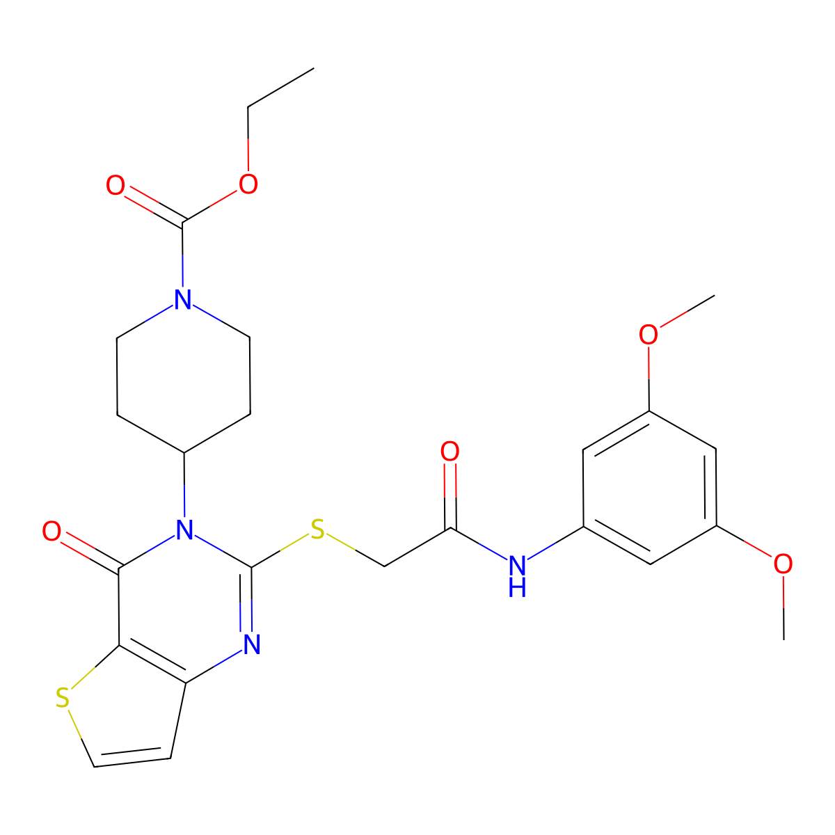 ethyl 4-(2-((2-((3,5-dimethoxyphenyl)amino)-2-oxoethyl)thio)-4-oxothieno[3,2-d]pyrimidin-3(4H)-yl)piperidine-1-carboxylate molecular structure, CAS 1795412-59-7