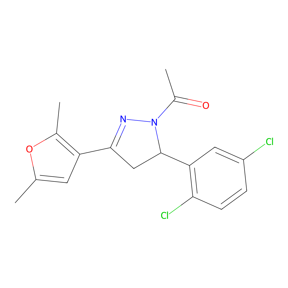 1-[5-(2,5-dichlorophenyl)-3-(2,5-dimethylfuran-3-yl)-4,5-dihydro-1H-pyrazol-1-yl]ethan-1-one molecular structure, CAS 1795413-04-5