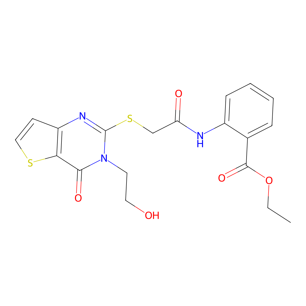 Ethyl 2-(2-((3-(2-hydroxyethyl)-4-oxo-3,4-dihydrothieno[3,2-d]pyrimidin-2-yl)thio)acetamido)benzoate molecular structure, CAS 1795413-20-5