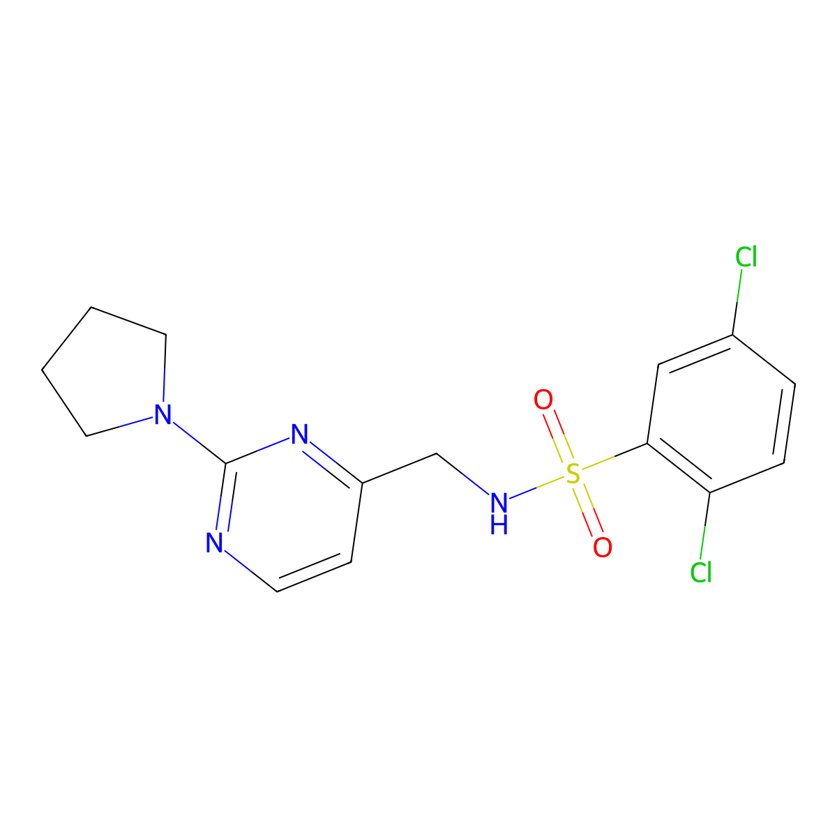 2,5-dichloro-N-((2-(pyrrolidin-1-yl)pyrimidin-4-yl)methyl)benzenesulfonamide molecular structure, CAS 1795415-77-8