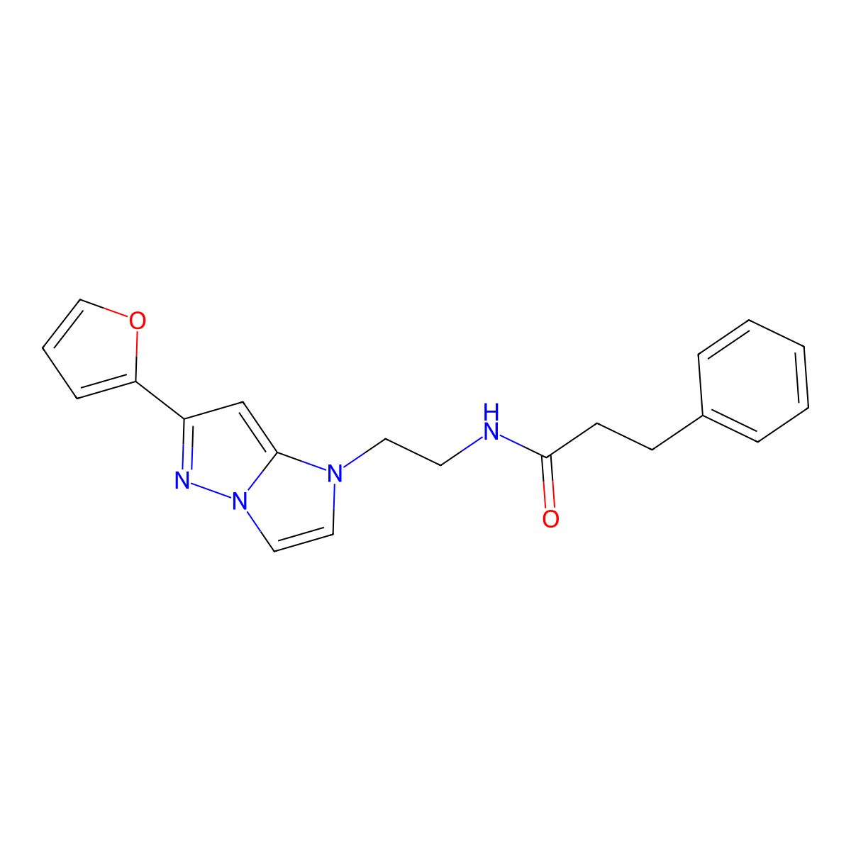 N-(2-(6-(furan-2-yl)-1H-imidazo[1,2-b]pyrazol-1-yl)ethyl)-3-phenylpropanamide molecular structure, CAS 1795416-23-7