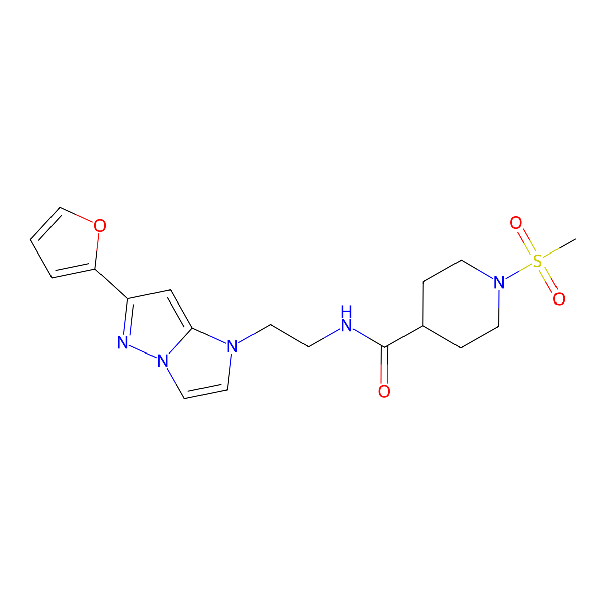 N-(2-(6-(furan-2-yl)-1H-imidazo[1,2-b]pyrazol-1-yl)ethyl)-1-(methylsulfonyl)piperidine-4-carboxamide molecular structure, CAS 1795416-26-0