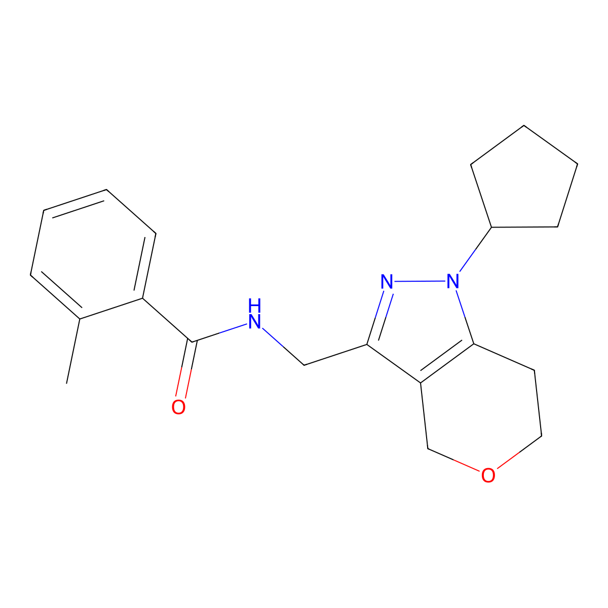 N-((1-cyclopentyl-1,4,6,7-tetrahydropyrano[4,3-c]pyrazol-3-yl)methyl)-2-methylbenzamide molecular structure, CAS 1795416-32-8