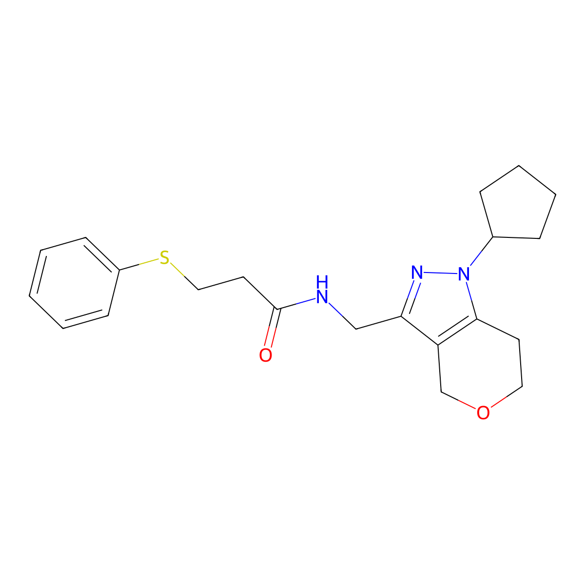 N-((1-cyclopentyl-1,4,6,7-tetrahydropyrano[4,3-c]pyrazol-3-yl)methyl)-3-(phenylthio)propanamide molecular structure, CAS 1795416-37-3
