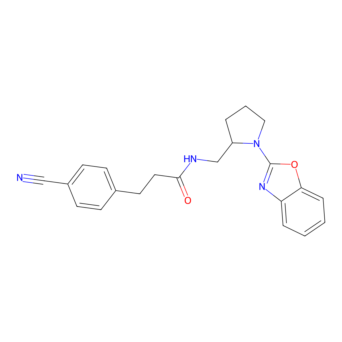 N-((1-(benzo[d]oxazol-2-yl)pyrrolidin-2-yl)methyl)-3-(4-cyanophenyl)propanamide molecular structure, CAS 1795416-65-7
