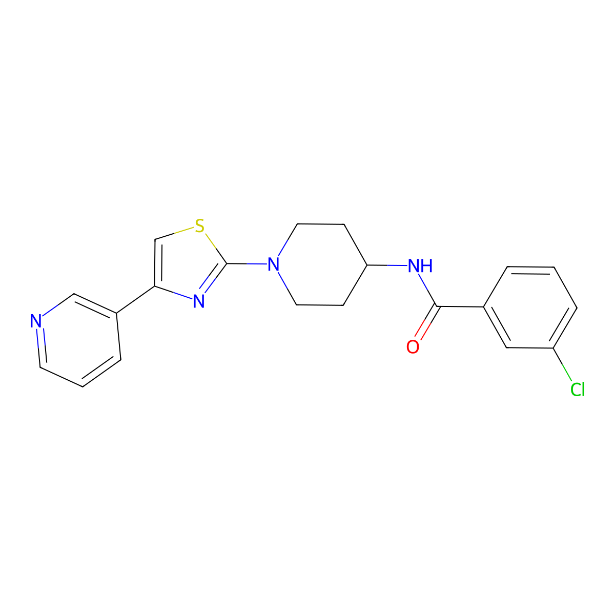 3-chloro-N-(1-(4-(pyridin-3-yl)thiazol-2-yl)piperidin-4-yl)benzamide molecular structure, CAS 1795416-80-6