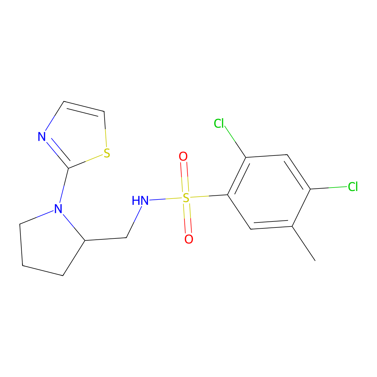 2,4-dichloro-5-methyl-N-((1-(thiazol-2-yl)pyrrolidin-2-yl)methyl)benzenesulfonamide molecular structure, CAS 1795416-94-2