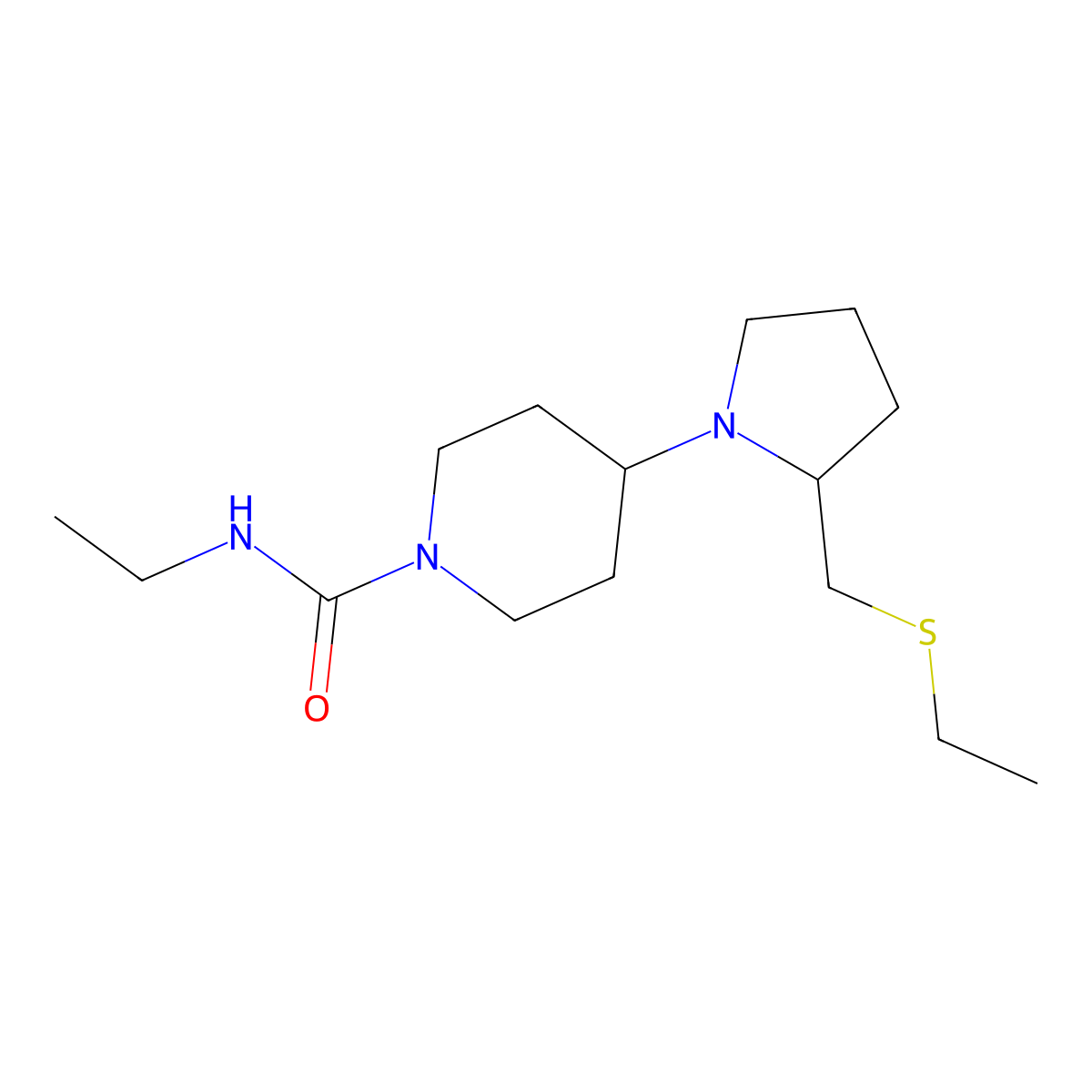 N-ethyl-4-(2-((ethylthio)methyl)pyrrolidin-1-yl)piperidine-1-carboxamide molecular structure, CAS 1795417-16-1