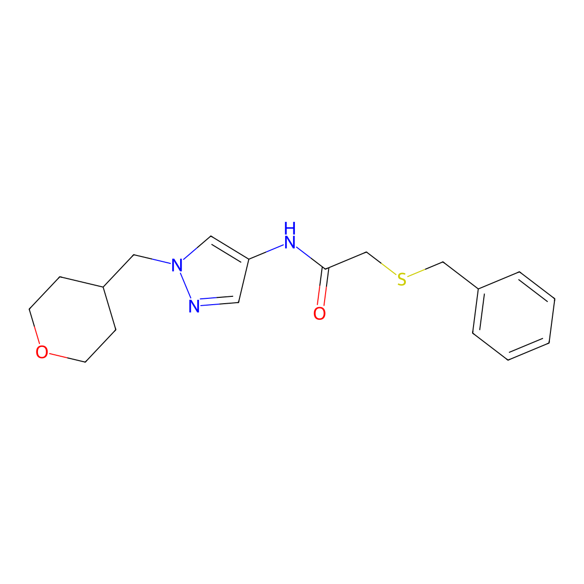 2-(benzylthio)-N-(1-((tetrahydro-2H-pyran-4-yl)methyl)-1H-pyrazol-4-yl)acetamide molecular structure, CAS 1795418-85-7