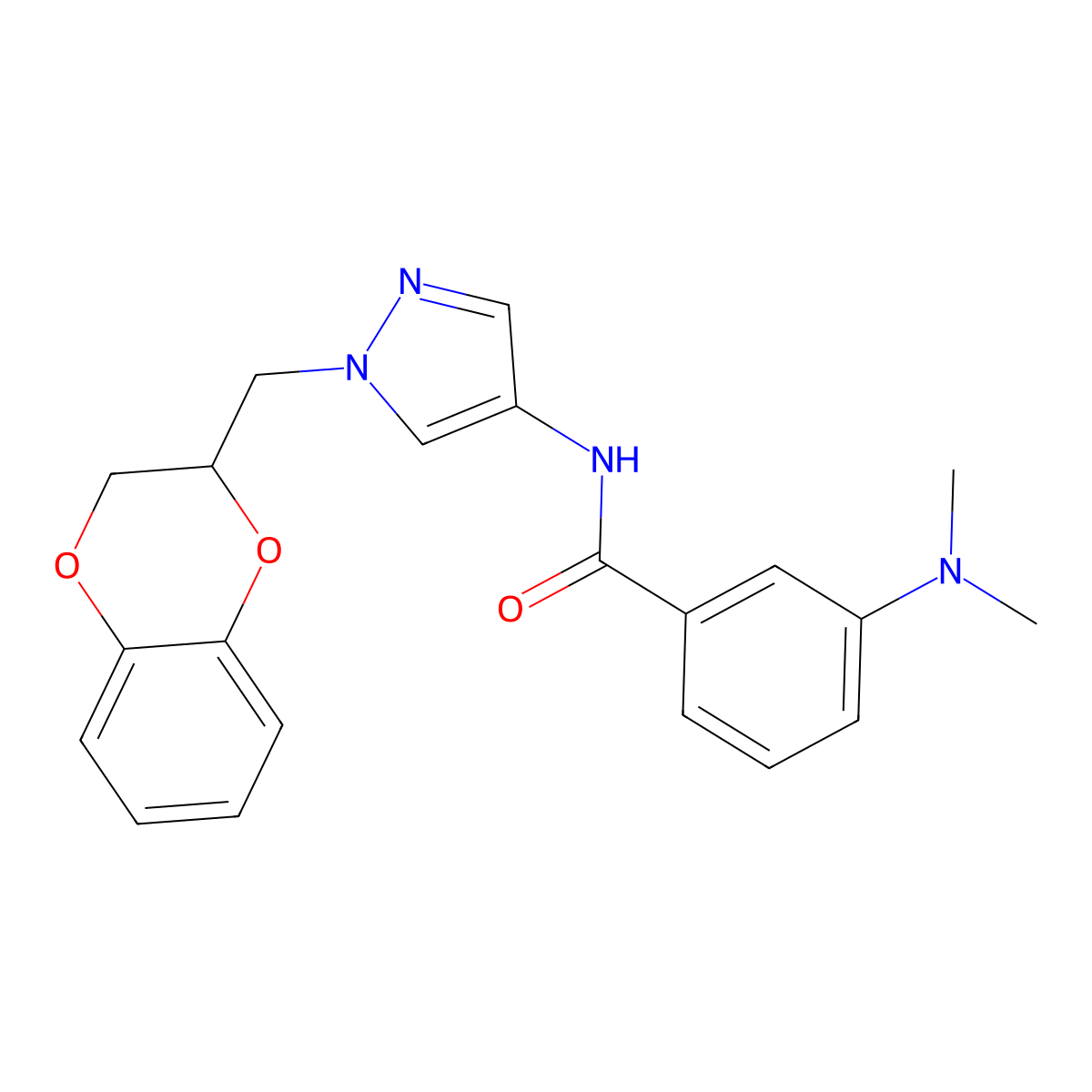 N-(1-((2,3-dihydrobenzo[b][1,4]dioxin-2-yl)methyl)-1H-pyrazol-4-yl)-3-(dimethylamino)benzamide molecular structure, CAS 1795418-94-8