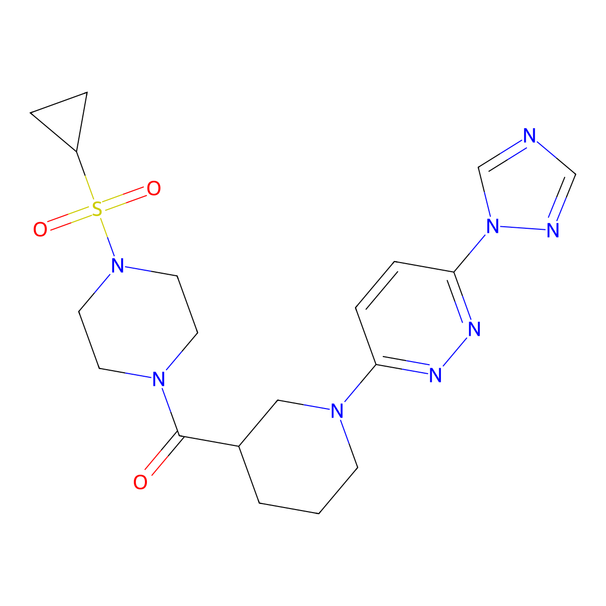 (1-(6-(1H-1,2,4-triazol-1-yl)pyridazin-3-yl)piperidin-3-yl)(4-(cyclopropylsulfonyl)piperazin-1-yl)methanone molecular structure, CAS 1795419-71-4