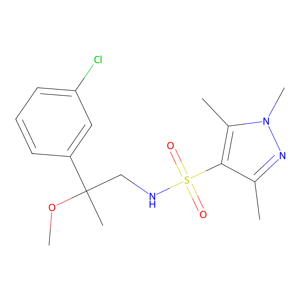 N-[2-(3-chlorophenyl)-2-methoxypropyl]-1,3,5-trimethyl-1H-pyrazole-4-sulfonamide molecular structure, CAS 1795420-79-9