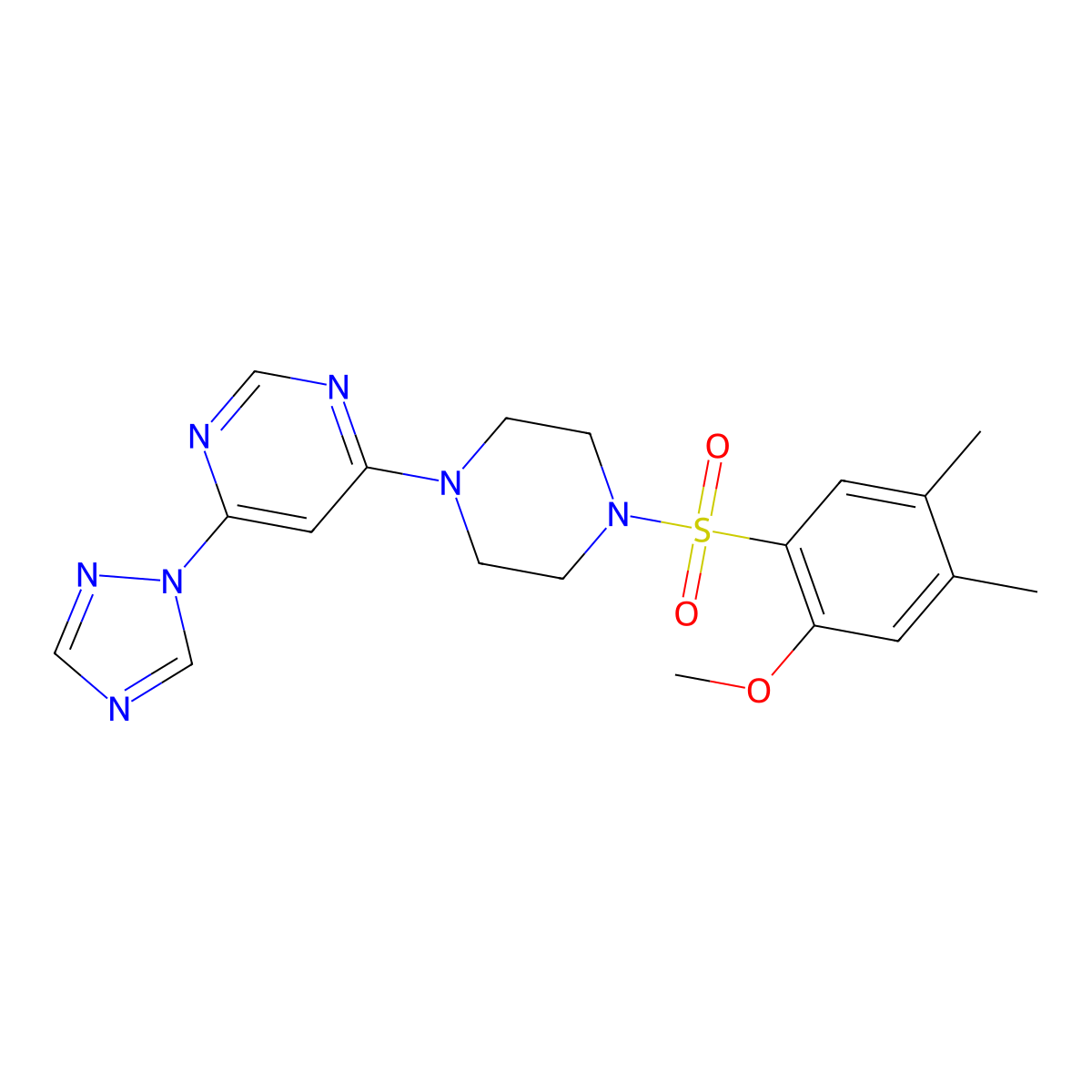 4-(4-((2-methoxy-4,5-dimethylphenyl)sulfonyl)piperazin-1-yl)-6-(1H-1,2,4-triazol-1-yl)pyrimidine molecular structure, CAS 1795420-84-6