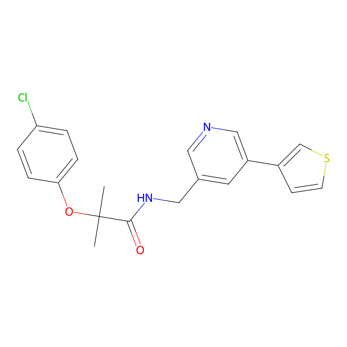 2-(4-chlorophenoxy)-2-methyl-N-((5-(thiophen-3-yl)pyridin-3-yl)methyl)propanamide molecular structure, CAS 1795421-85-0