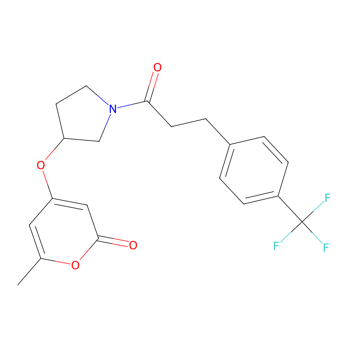 6-methyl-4-((1-(3-(4-(trifluoromethyl)phenyl)propanoyl)pyrrolidin-3-yl)oxy)-2H-pyran-2-one molecular structure, CAS 1795423-45-8