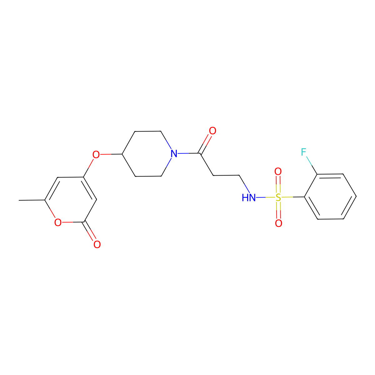 2-fluoro-N-(3-(4-((6-methyl-2-oxo-2H-pyran-4-yl)oxy)piperidin-1-yl)-3-oxopropyl)benzenesulfonamide molecular structure, CAS 1795423-58-3