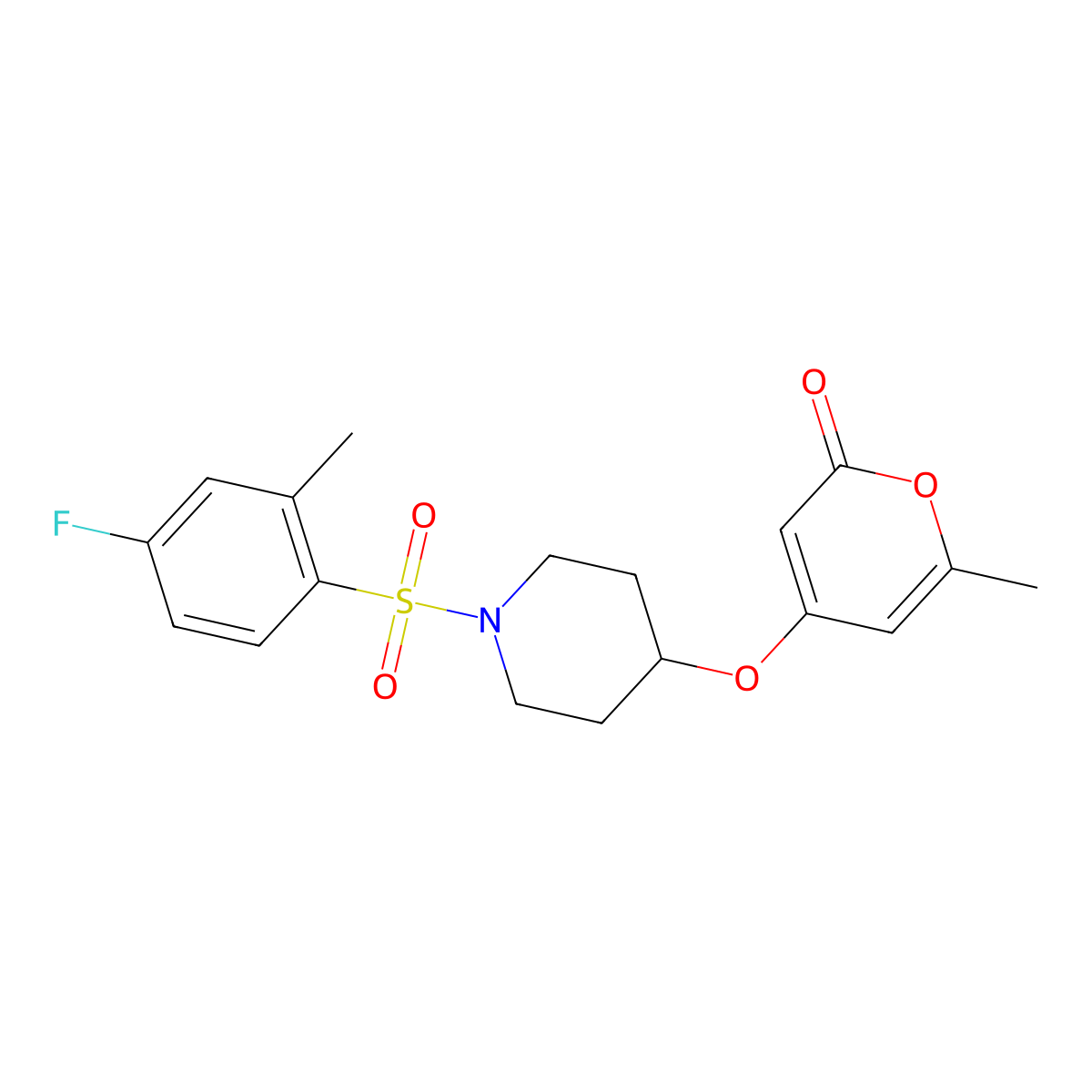 4-((1-((4-fluoro-2-methylphenyl)sulfonyl)piperidin-4-yl)oxy)-6-methyl-2H-pyran-2-one molecular structure, CAS 1795423-85-6
