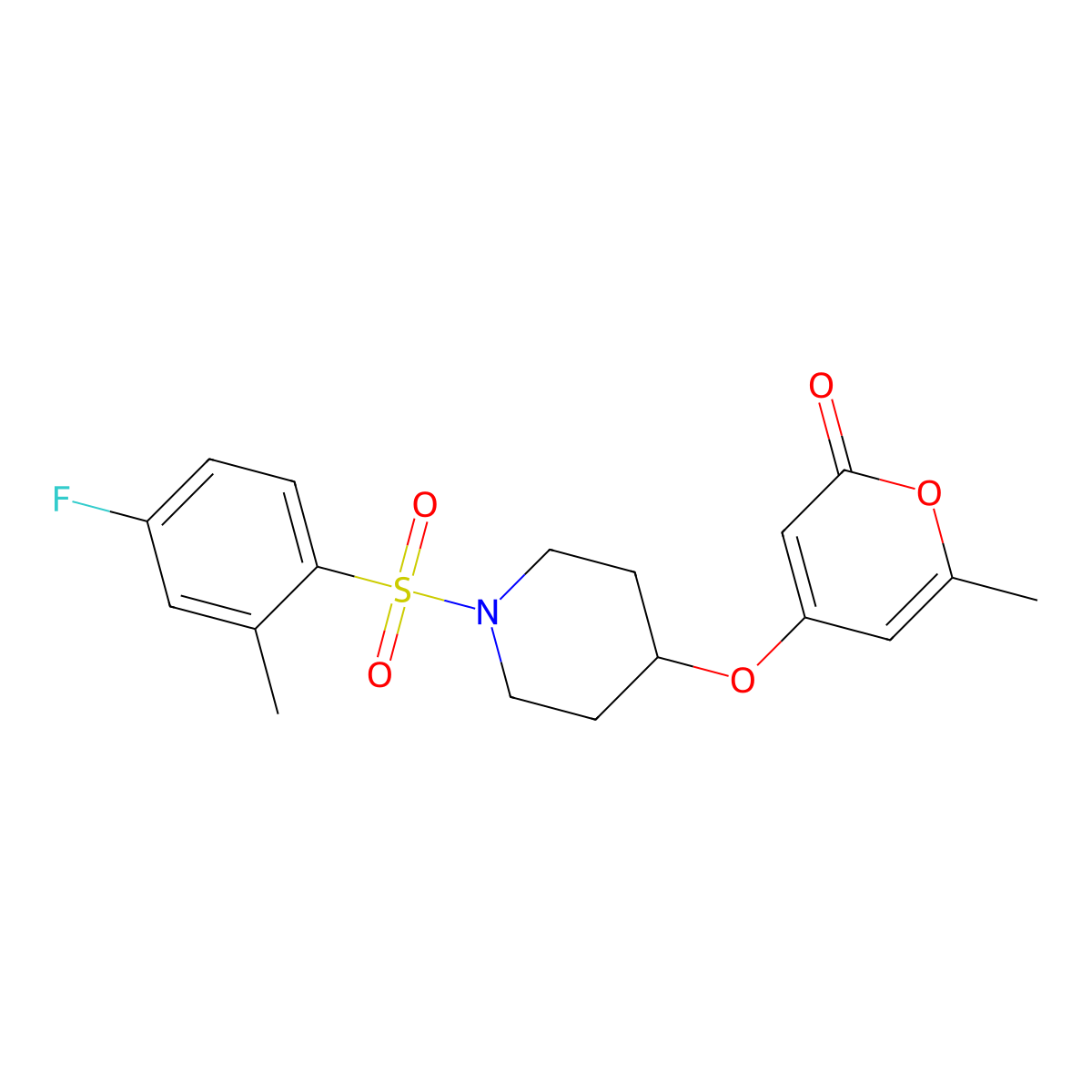 4-((1-((4-fluoro-2-methylphenyl)sulfonyl)piperidin-4-yl)oxy)-6-methyl-2H-pyran-2-one molecular structure, CAS 1795423-85-6