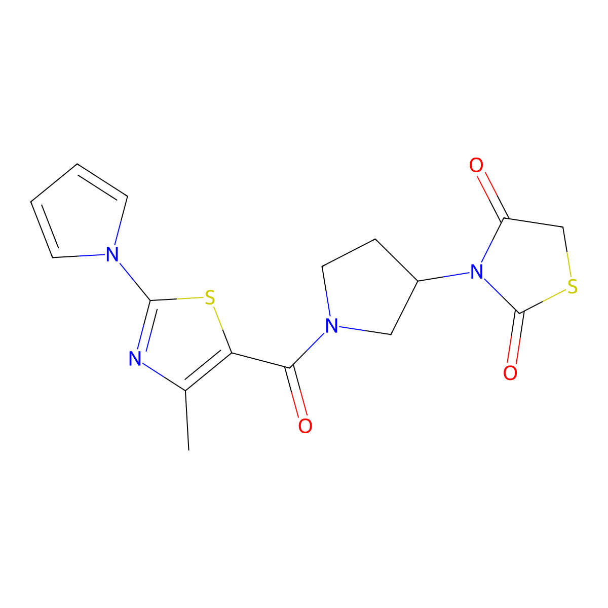 3-(1-(4-methyl-2-(1H-pyrrol-1-yl)thiazole-5-carbonyl)pyrrolidin-3-yl)thiazolidine-2,4-dione molecular structure, CAS 1795424-00-8