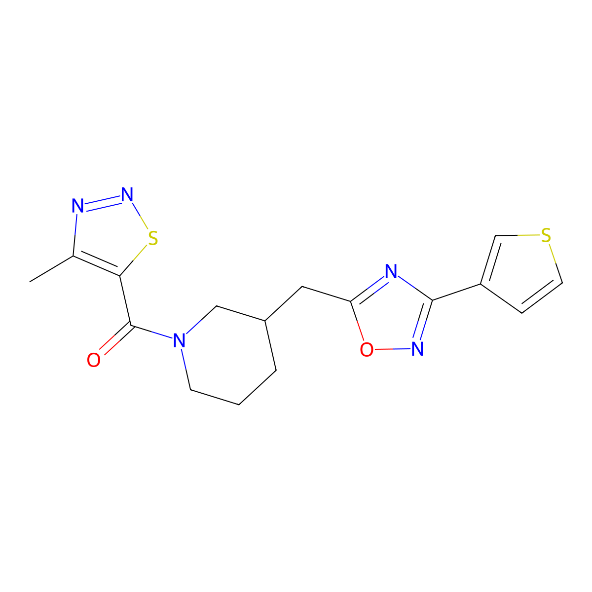 (4-Methyl-1,2,3-thiadiazol-5-yl)(3-((3-(thiophen-3-yl)-1,2,4-oxadiazol-5-yl)methyl)piperidin-1-yl)methanone molecular structure, CAS 1795424-46-2