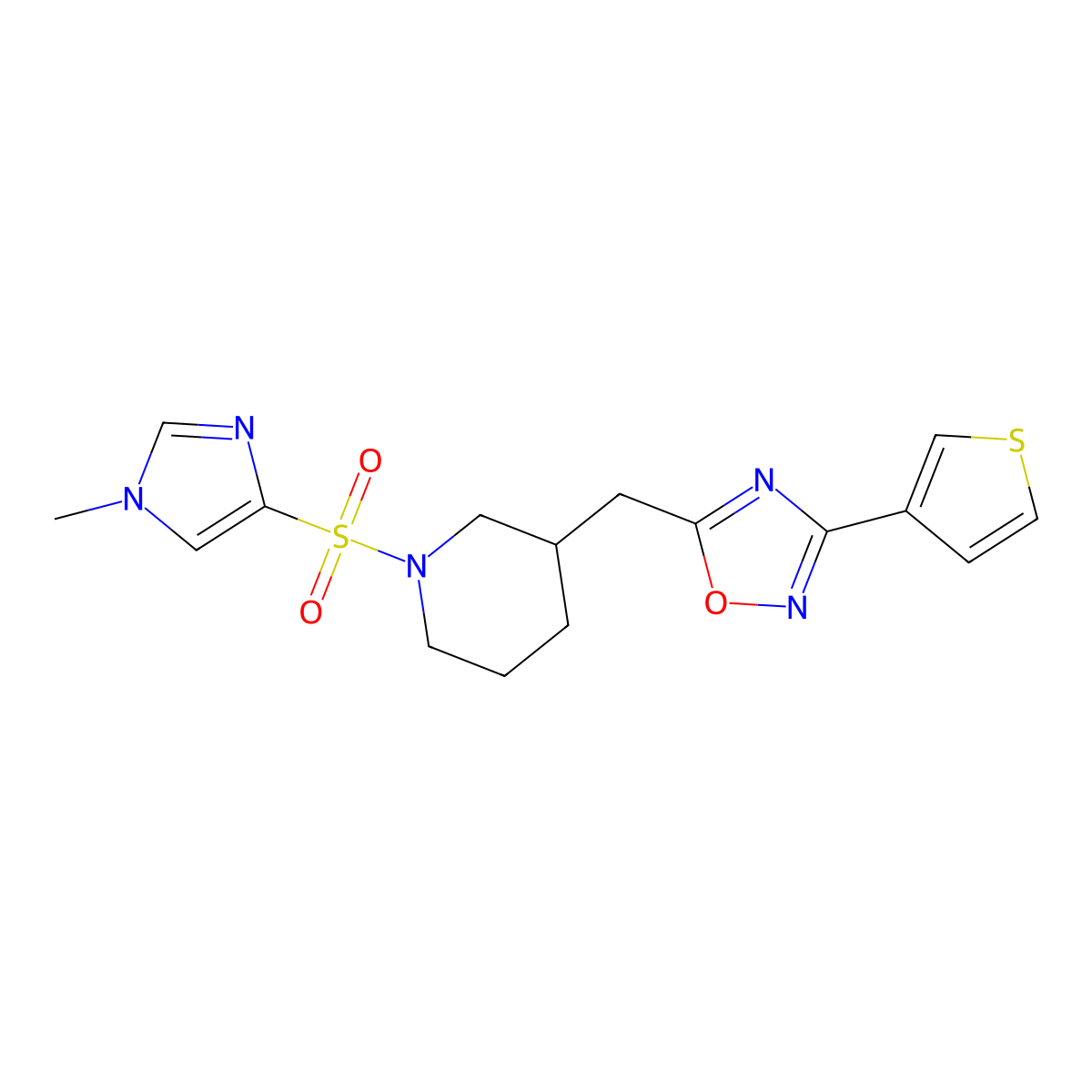 5-((1-((1-methyl-1H-imidazol-4-yl)sulfonyl)piperidin-3-yl)methyl)-3-(thiophen-3-yl)-1,2,4-oxadiazole molecular structure, CAS 1795424-51-9