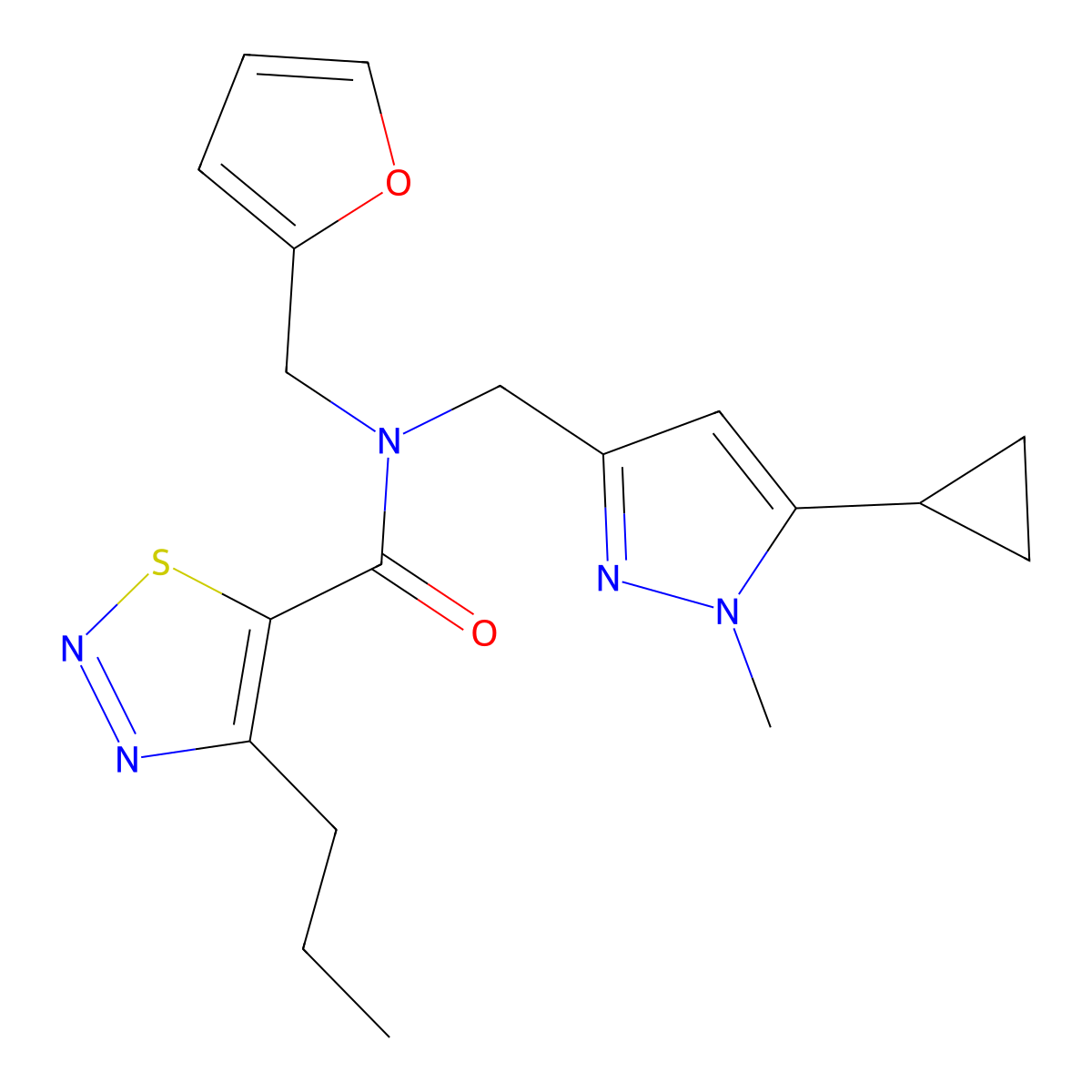 N-((5-cyclopropyl-1-methyl-1H-pyrazol-3-yl)methyl)-N-(furan-2-ylmethyl)-4-propyl-1,2,3-thiadiazole-5-carboxamide molecular structure, CAS 1795424-55-3