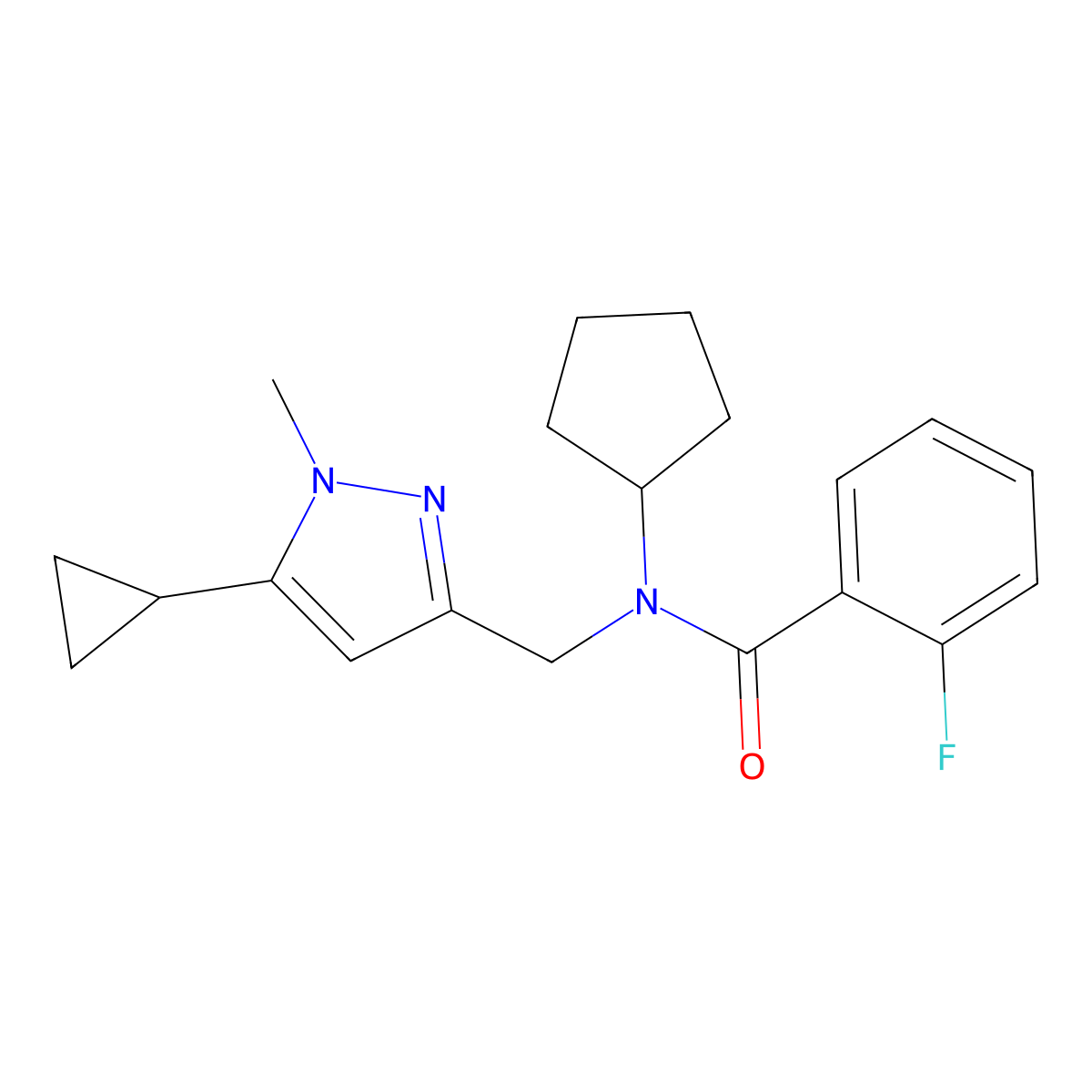 N-cyclopentyl-N-[(5-cyclopropyl-1-methyl-1H-pyrazol-3-yl)methyl]-2-fluorobenzamide molecular structure, CAS 1795424-64-4