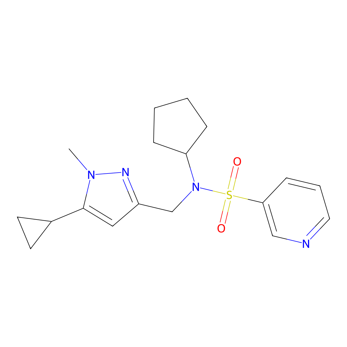 N-cyclopentyl-N-[(5-cyclopropyl-1-methyl-1H-pyrazol-3-yl)methyl]pyridine-3-sulfonamide molecular structure, CAS 1795424-66-6