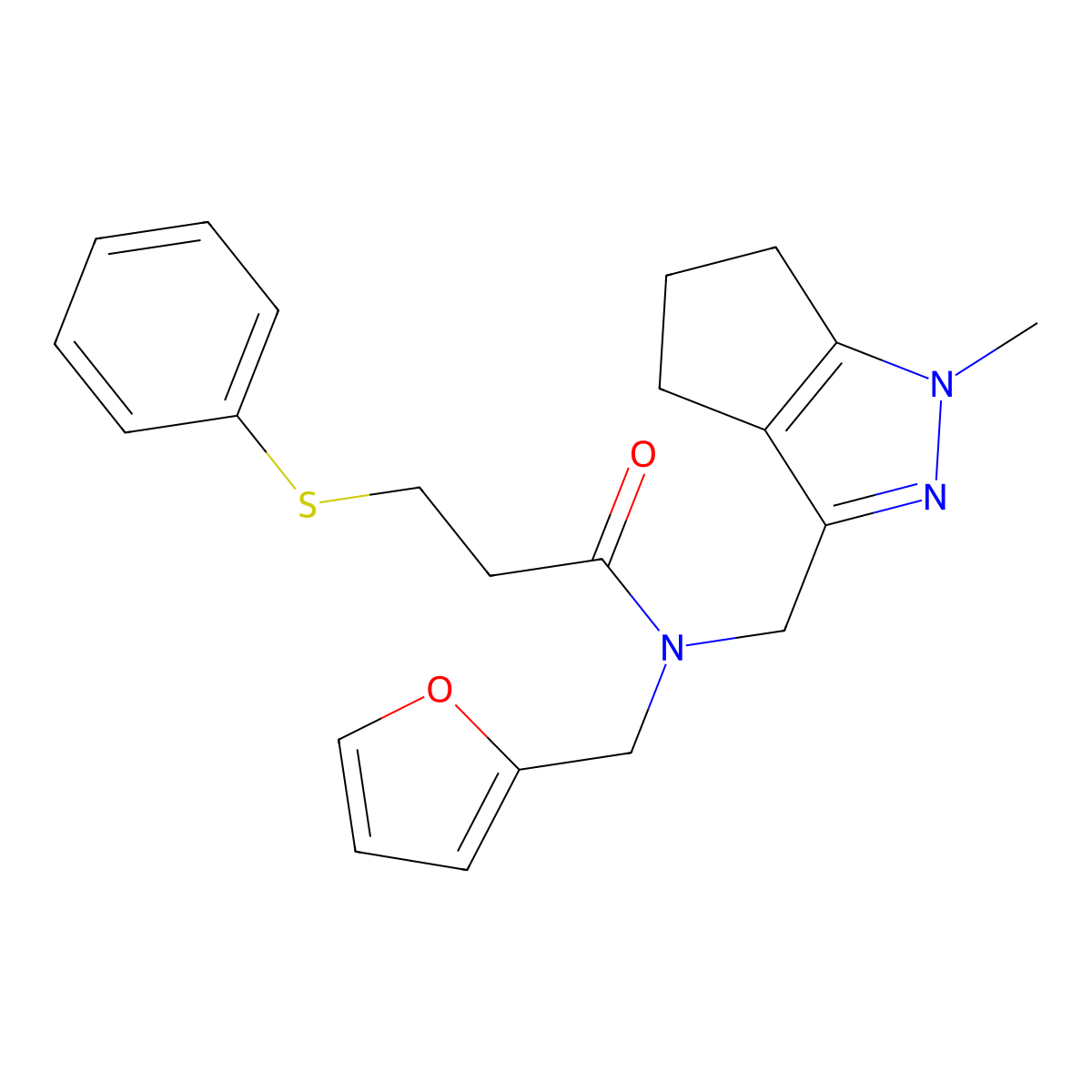 N-(furan-2-ylmethyl)-N-((1-methyl-1,4,5,6-tetrahydrocyclopenta[c]pyrazol-3-yl)methyl)-3-(phenylthio)propanamide molecular structure, CAS 1795424-82-6
