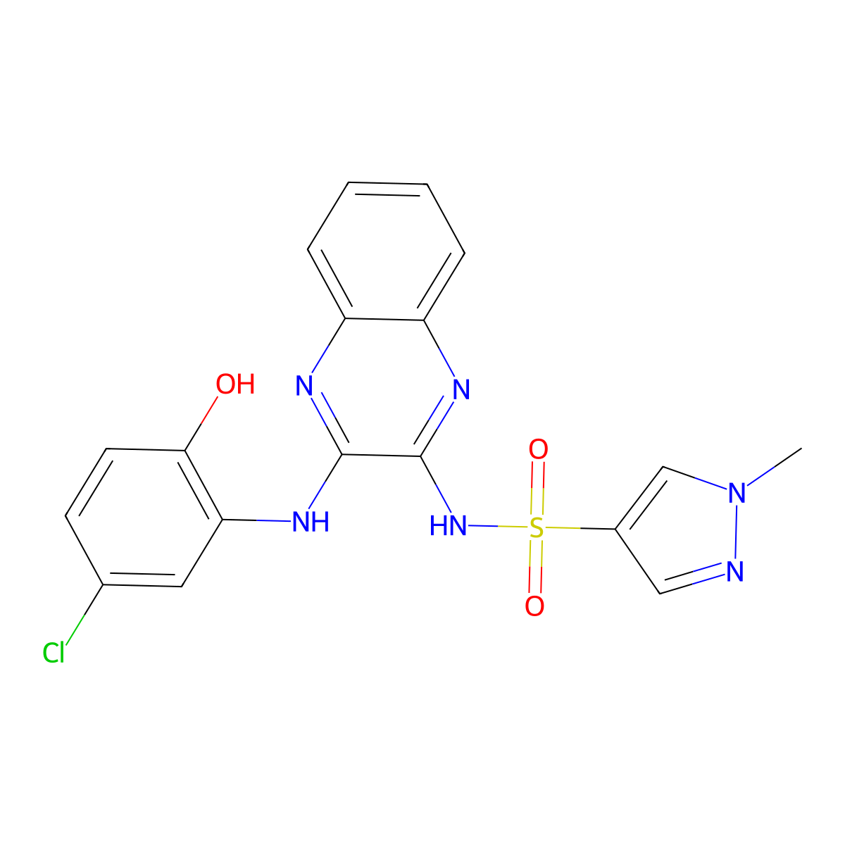 N-(3-((5-chloro-2-hydroxyphenyl)amino)quinoxalin-2-yl)-1-methyl-1H-pyrazole-4-sulfonamide molecular structure, CAS 1795425-41-0
