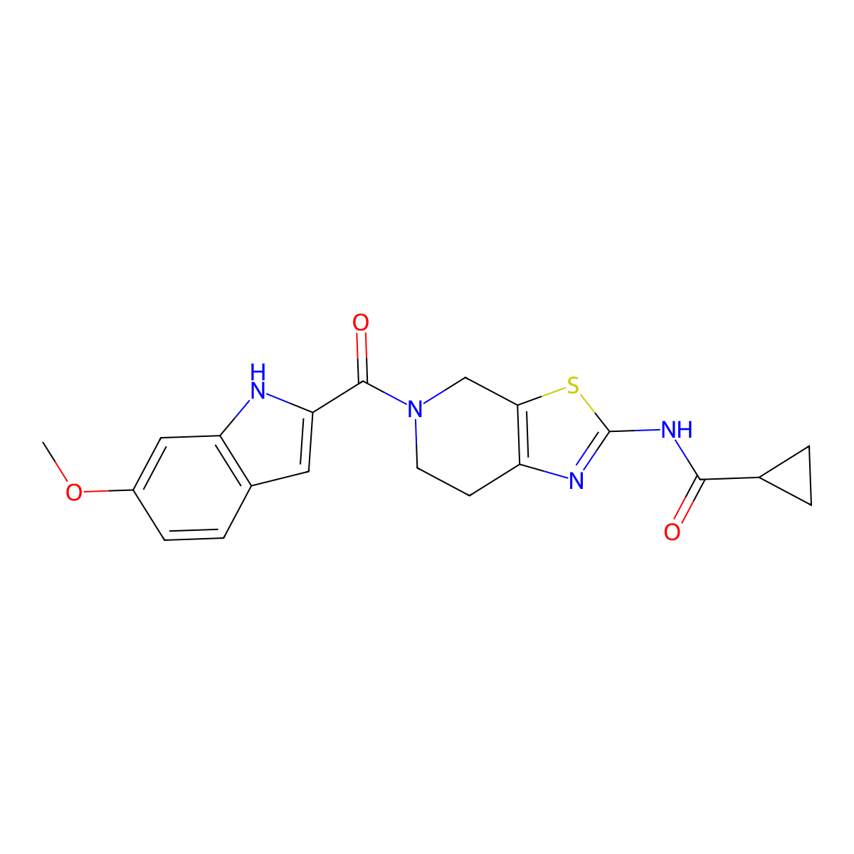 N-(5-(6-methoxy-1H-indole-2-carbonyl)-4,5,6,7-tetrahydrothiazolo[5,4-c]pyridin-2-yl)cyclopropanecarboxamide molecular structure, CAS 1795434-35-3