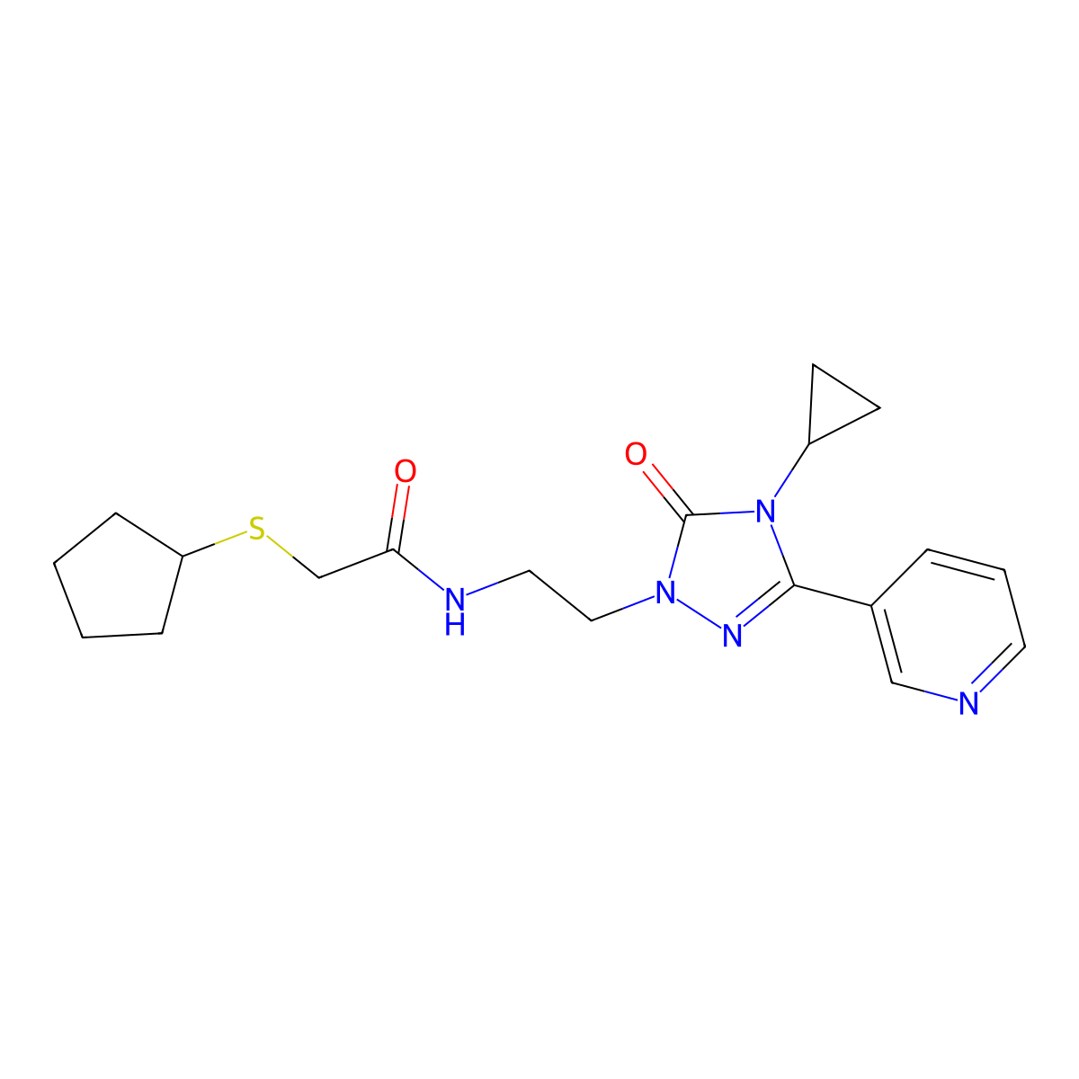 2-(cyclopentylthio)-N-(2-(4-cyclopropyl-5-oxo-3-(pyridin-3-yl)-4,5-dihydro-1H-1,2,4-triazol-1-yl)ethyl)acetamide molecular structure, CAS 1795435-64-1