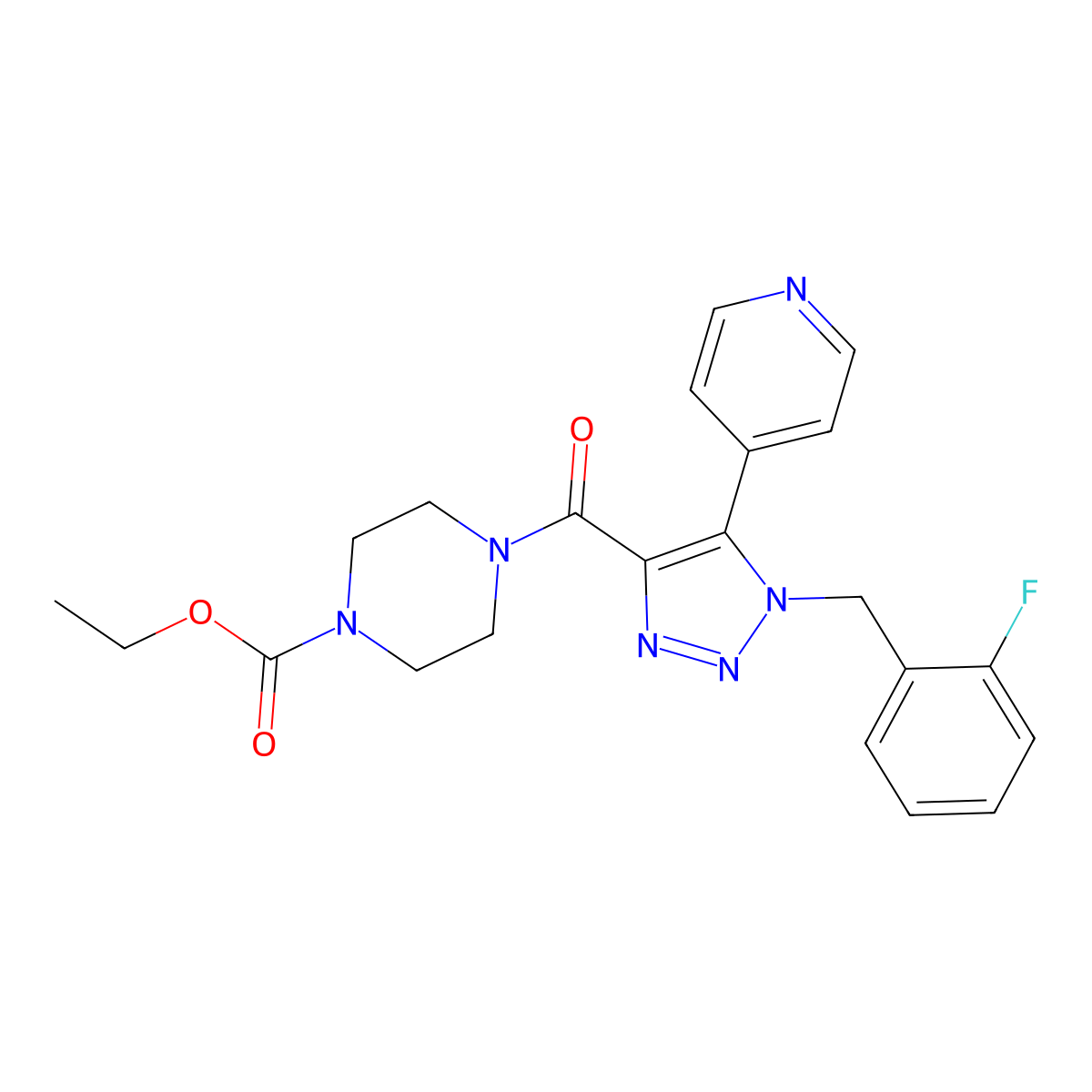 1-Piperazinecarboxylic acid, 4-[[1-[(2-fluorophenyl)methyl]-5-(4-pyridinyl)-1H-1,2,3-triazol-4-yl]carbonyl]-, ethyl ester molecular structure, CAS 1795440-39-9