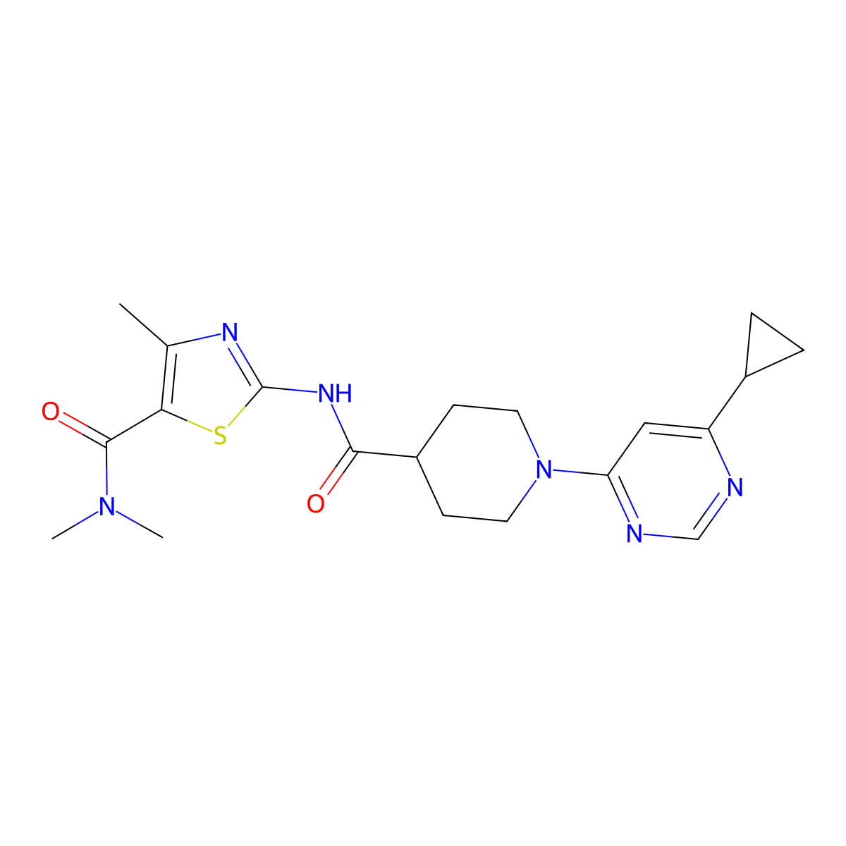 2-(1-(6-cyclopropylpyrimidin-4-yl)piperidine-4-carboxamido)-N,N,4-trimethylthiazole-5-carboxamide molecular structure, CAS 1795440-99-1