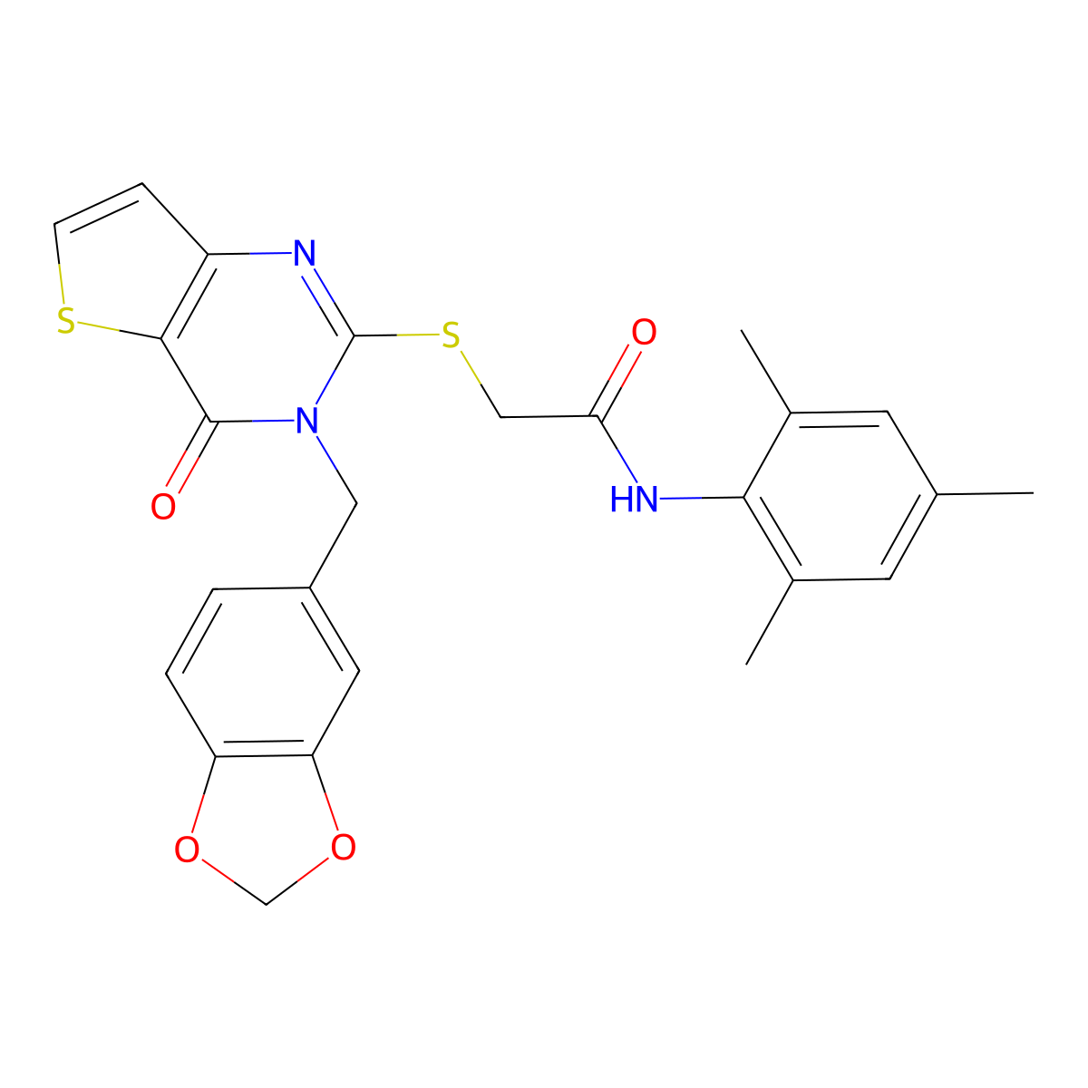 2-((3-(benzo[d][1,3]dioxol-5-ylmethyl)-4-oxo-3,4-dihydrothieno[3,2-d]pyrimidin-2-yl)thio)-N-mesitylacetamide molecular structure, CAS 1795441-12-1