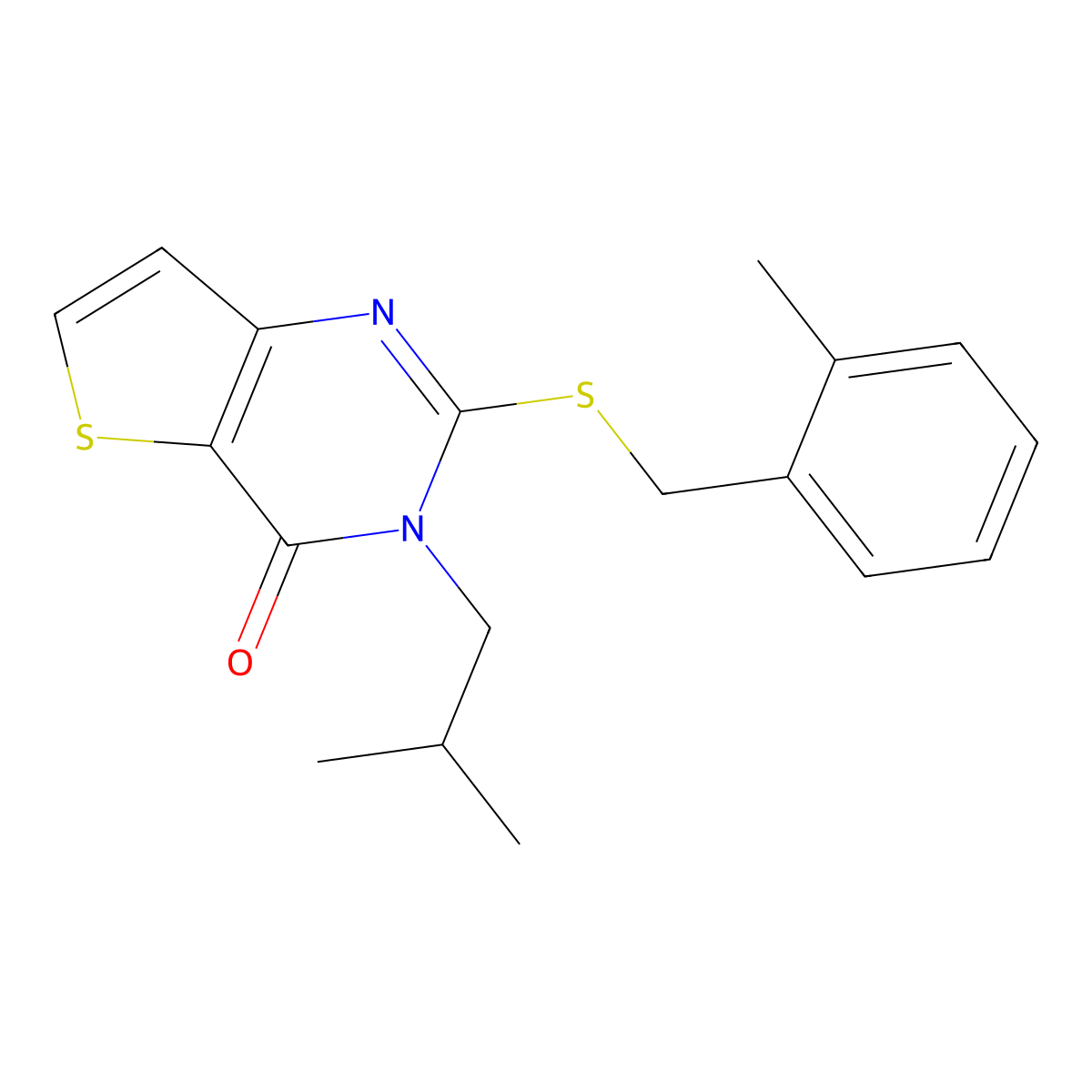 3-isobutyl-2-((2-methylbenzyl)thio)thieno[3,2-d]pyrimidin-4(3H)-one molecular structure, CAS 1795441-59-6