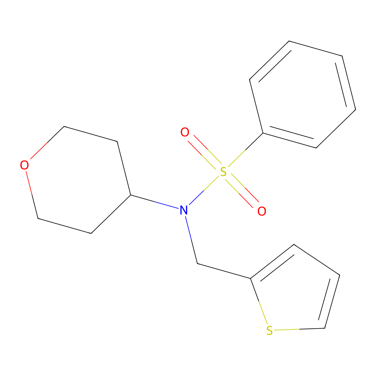 N-(tetrahydro-2H-pyran-4-yl)-N-(thiophen-2-ylmethyl)benzenesulfonamide molecular structure, CAS 1795442-01-1
