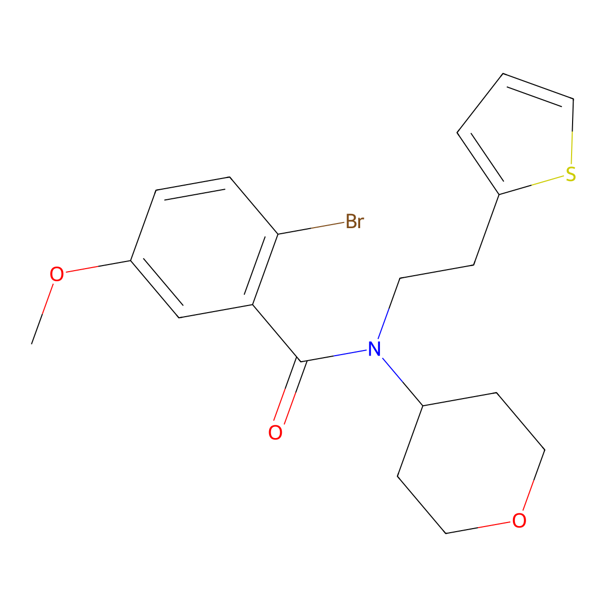 2-bromo-5-methoxy-N-(tetrahydro-2H-pyran-4-yl)-N-(2-(thiophen-2-yl)ethyl)benzamide molecular structure, CAS 1795442-05-5