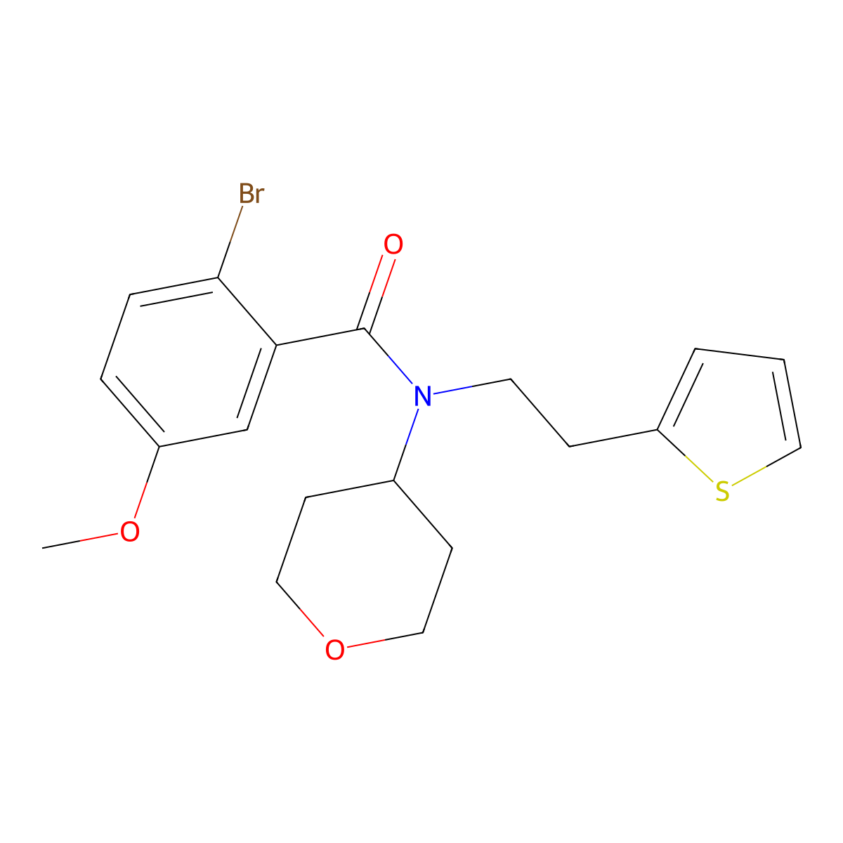 2-bromo-5-methoxy-N-(tetrahydro-2H-pyran-4-yl)-N-(2-(thiophen-2-yl)ethyl)benzamide molecular structure, CAS 1795442-05-5